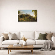 Unframed poster print of Thomas Cole's The Departure displayed on a wall in a living room