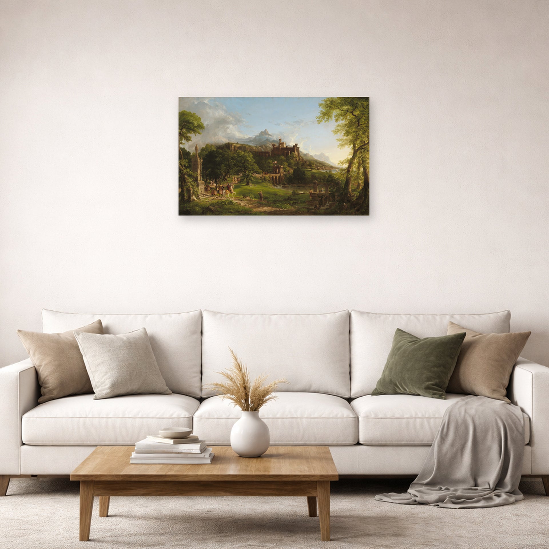 Unframed poster print of Thomas Cole's The Departure displayed on a wall in a living room