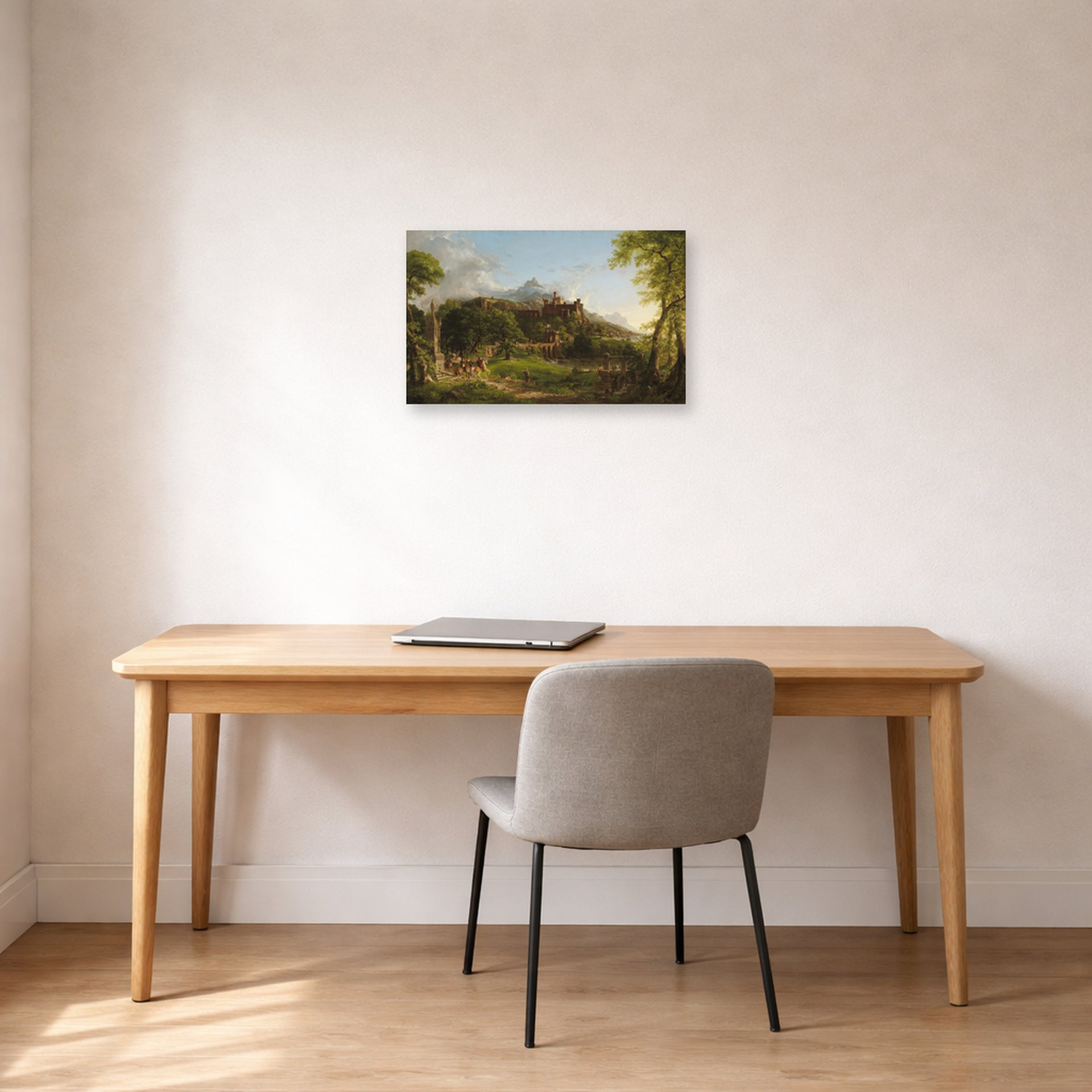Unframed poster print of Thomas Cole's The Departure displayed on a wall in a office