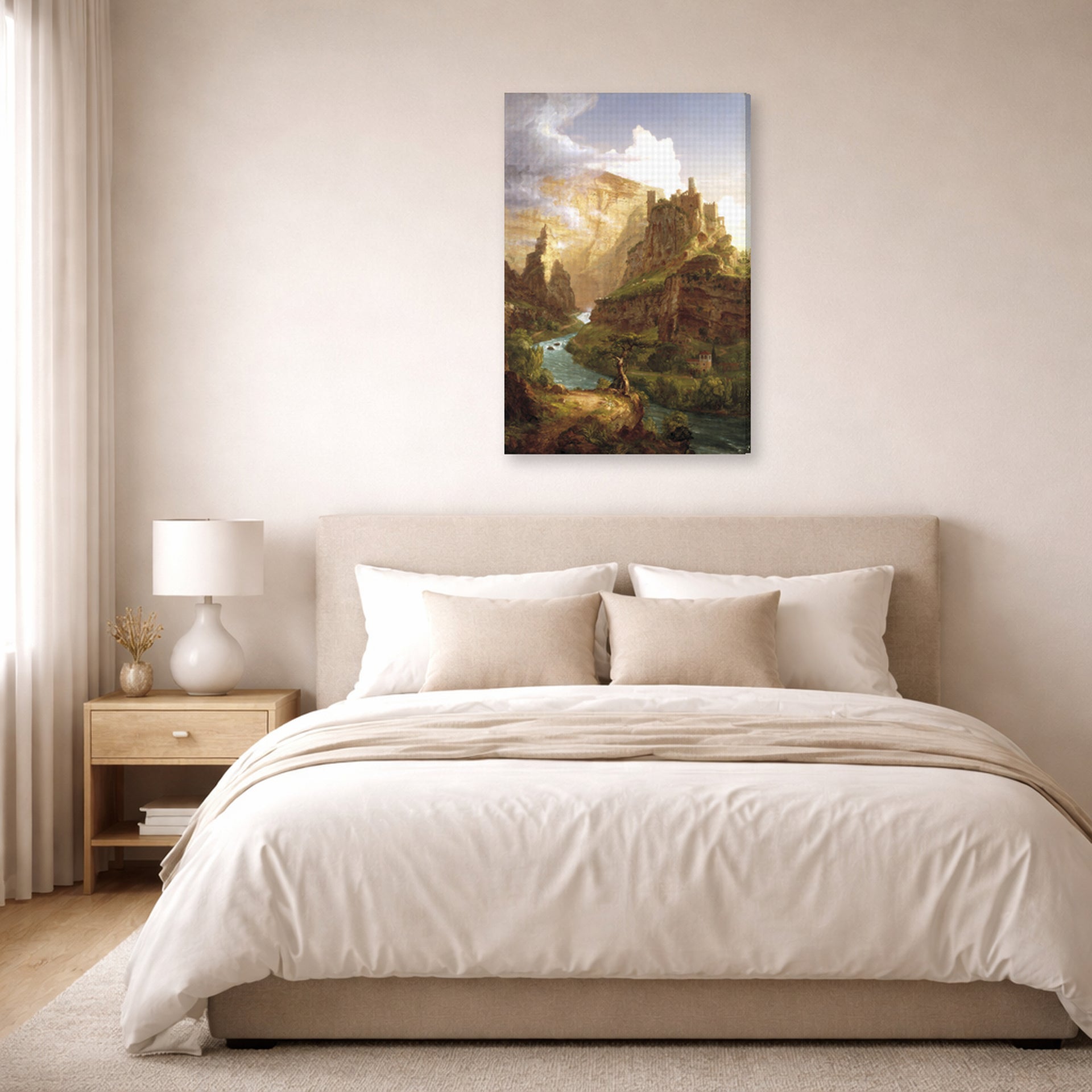Gallery-wrapped canvas print of Thomas Cole's The Fountain of Vaucluse displayed on a wall in a bedroom