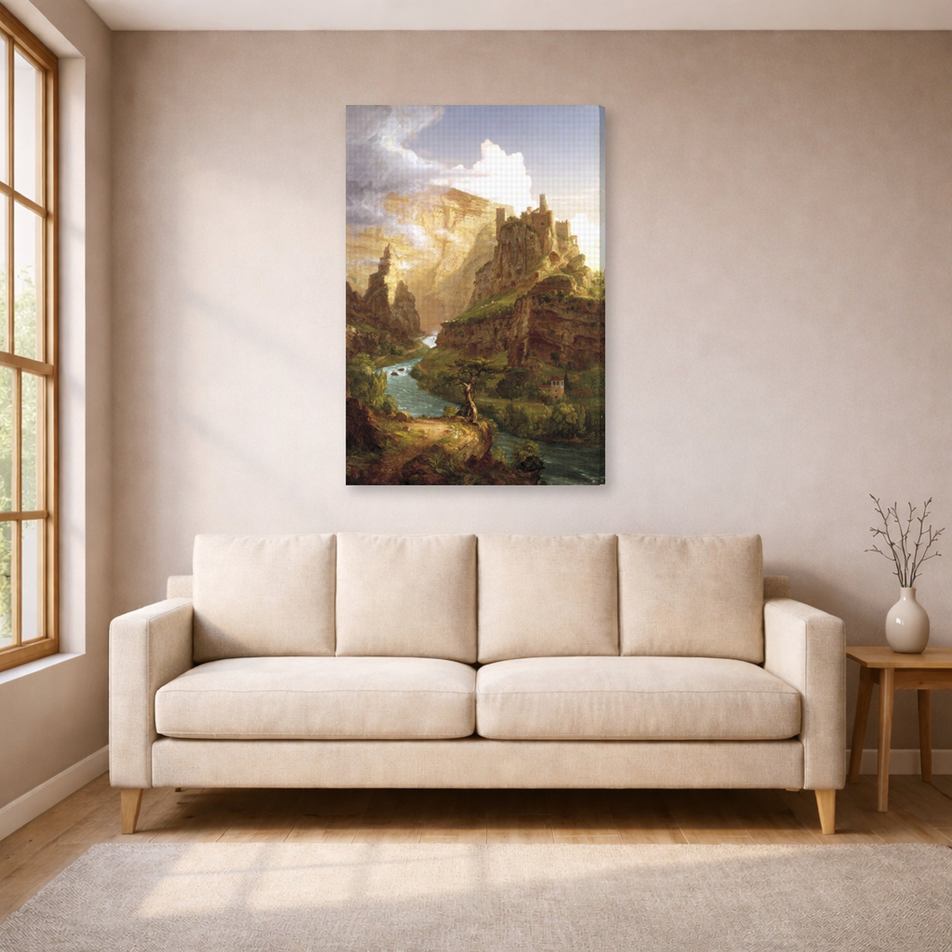 Gallery-wrapped canvas print of Thomas Cole's The Fountain of Vaucluse displayed on a wall in a living room