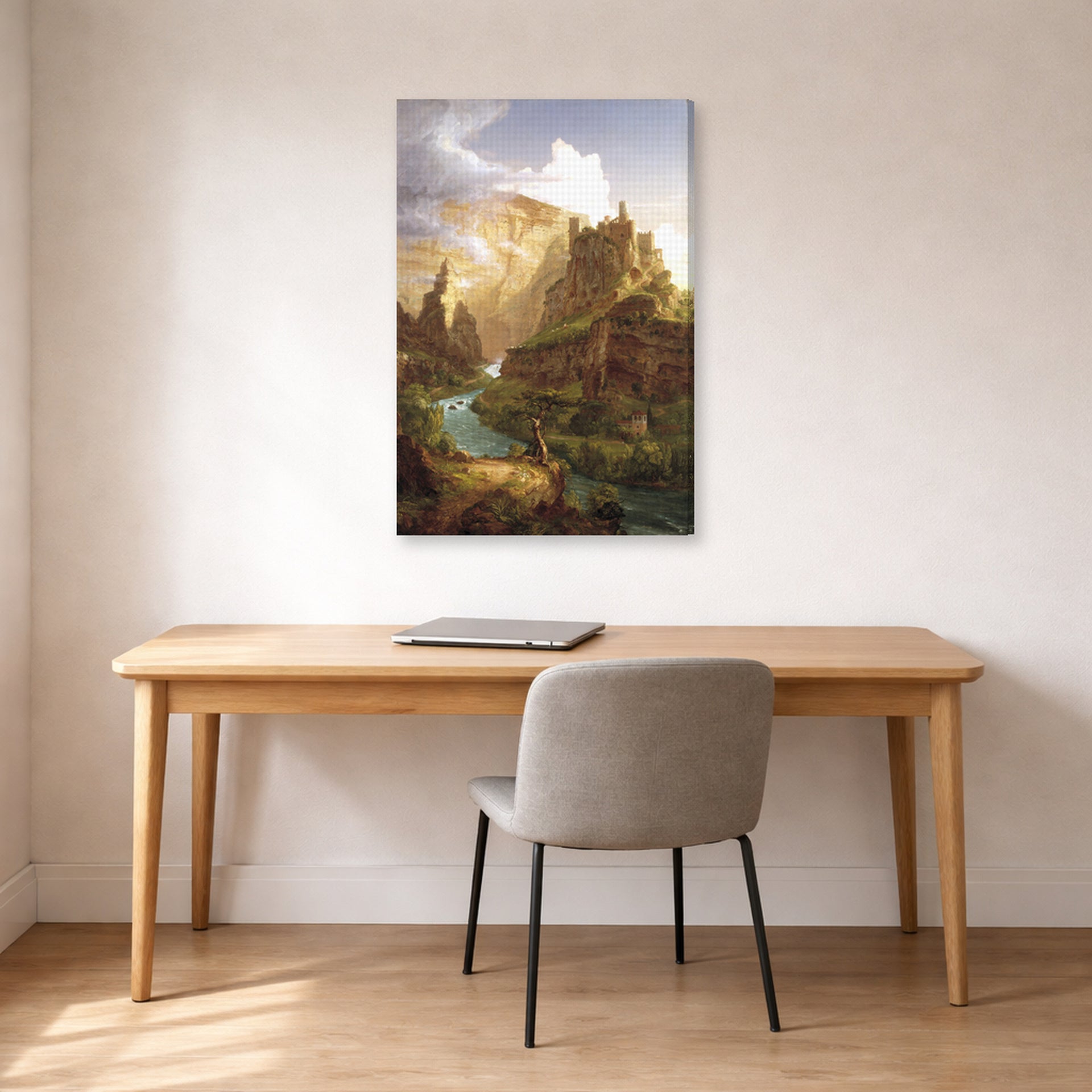 Gallery-wrapped canvas print of Thomas Cole's The Fountain of Vaucluse displayed on a wall in a office
