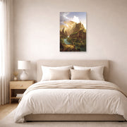 Unframed poster print of Thomas Cole's The Fountain of Vaucluse displayed on a wall in a bedroom