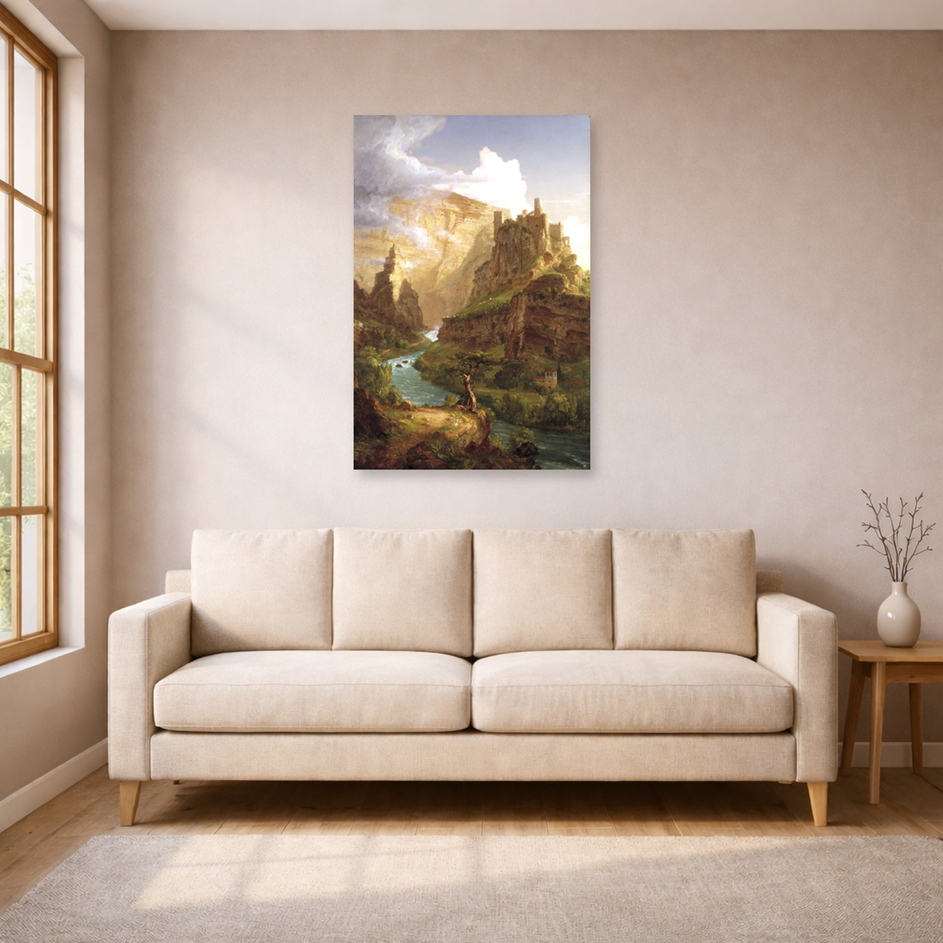 Unframed poster print of Thomas Cole's The Fountain of Vaucluse displayed on a wall in a living room