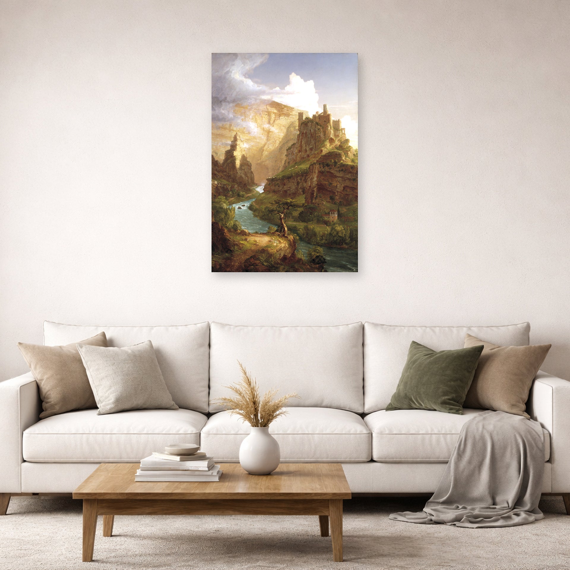 Unframed poster print of Thomas Cole's The Fountain of Vaucluse displayed on a wall in a living room