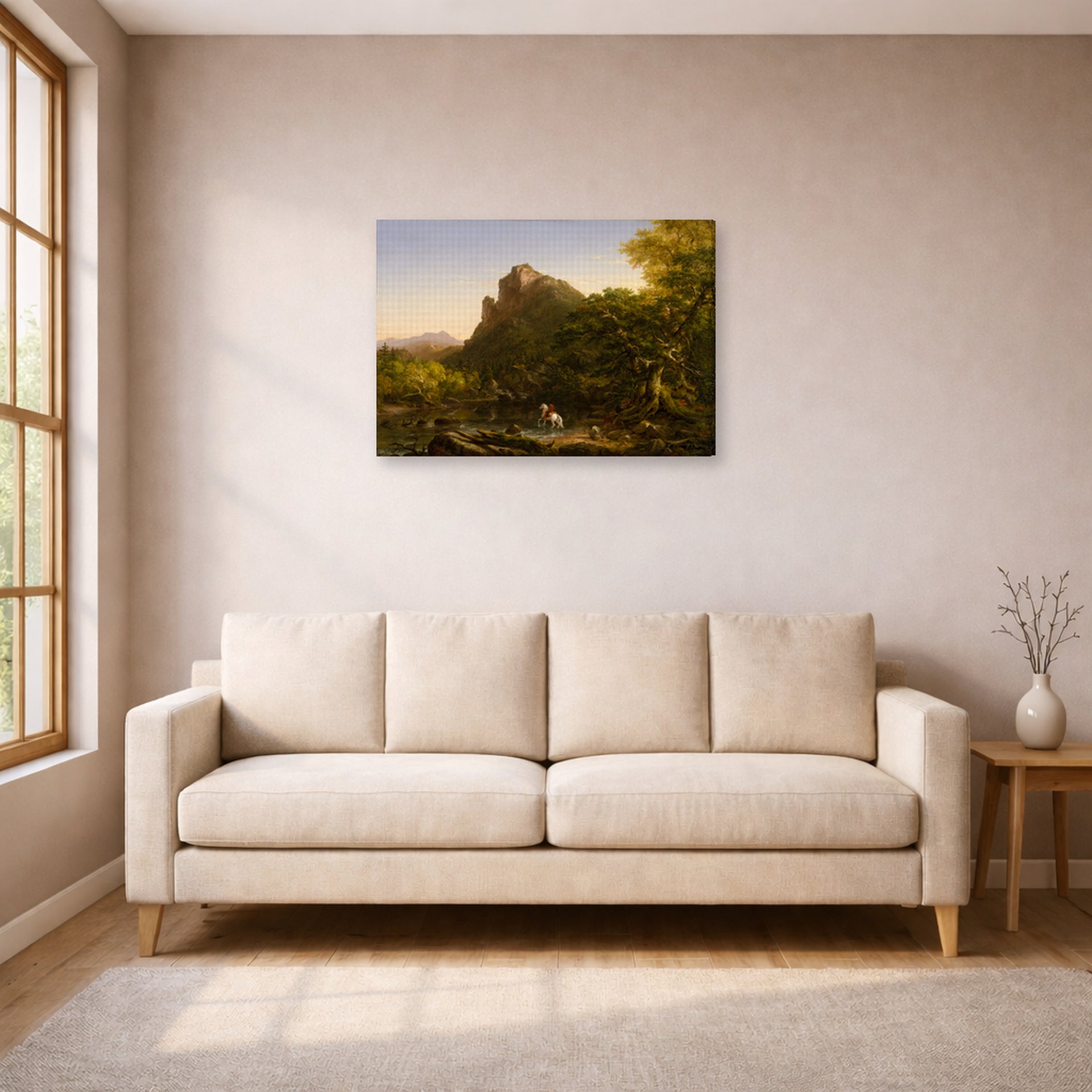 Gallery-wrapped canvas print of Thomas Cole's The Mountain Ford displayed on a wall in a living room