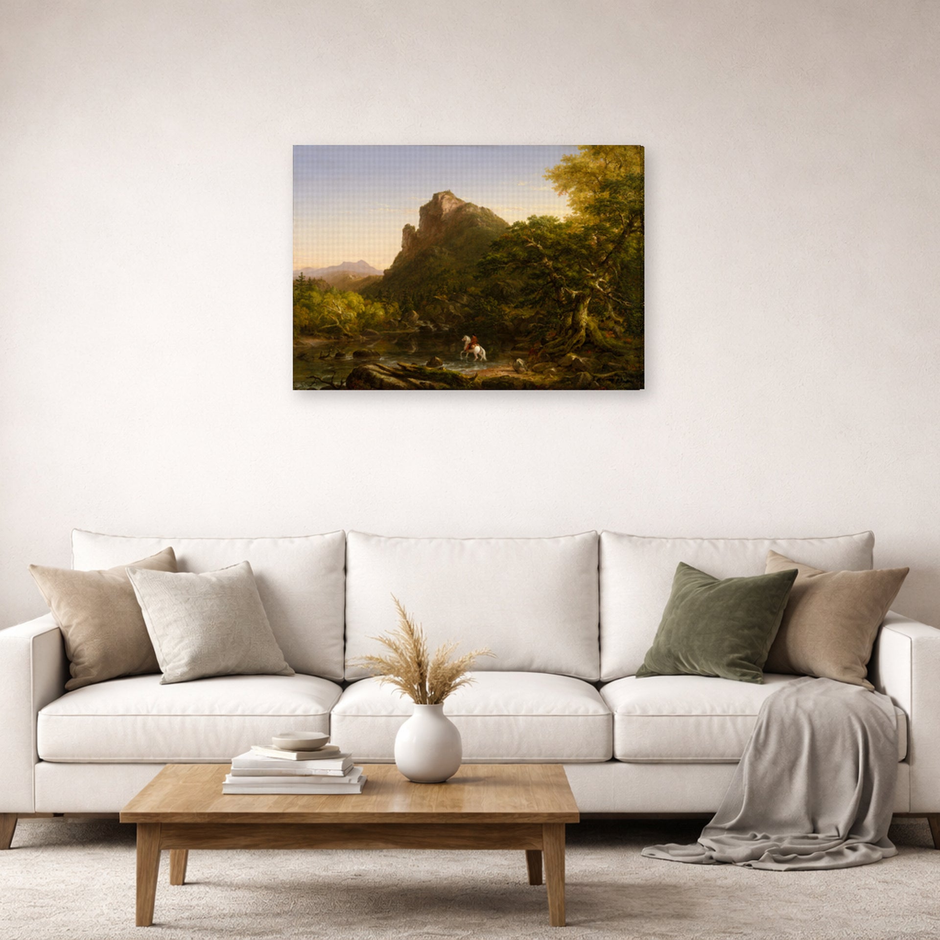 Gallery-wrapped canvas print of Thomas Cole's The Mountain Ford displayed on a wall in a living room