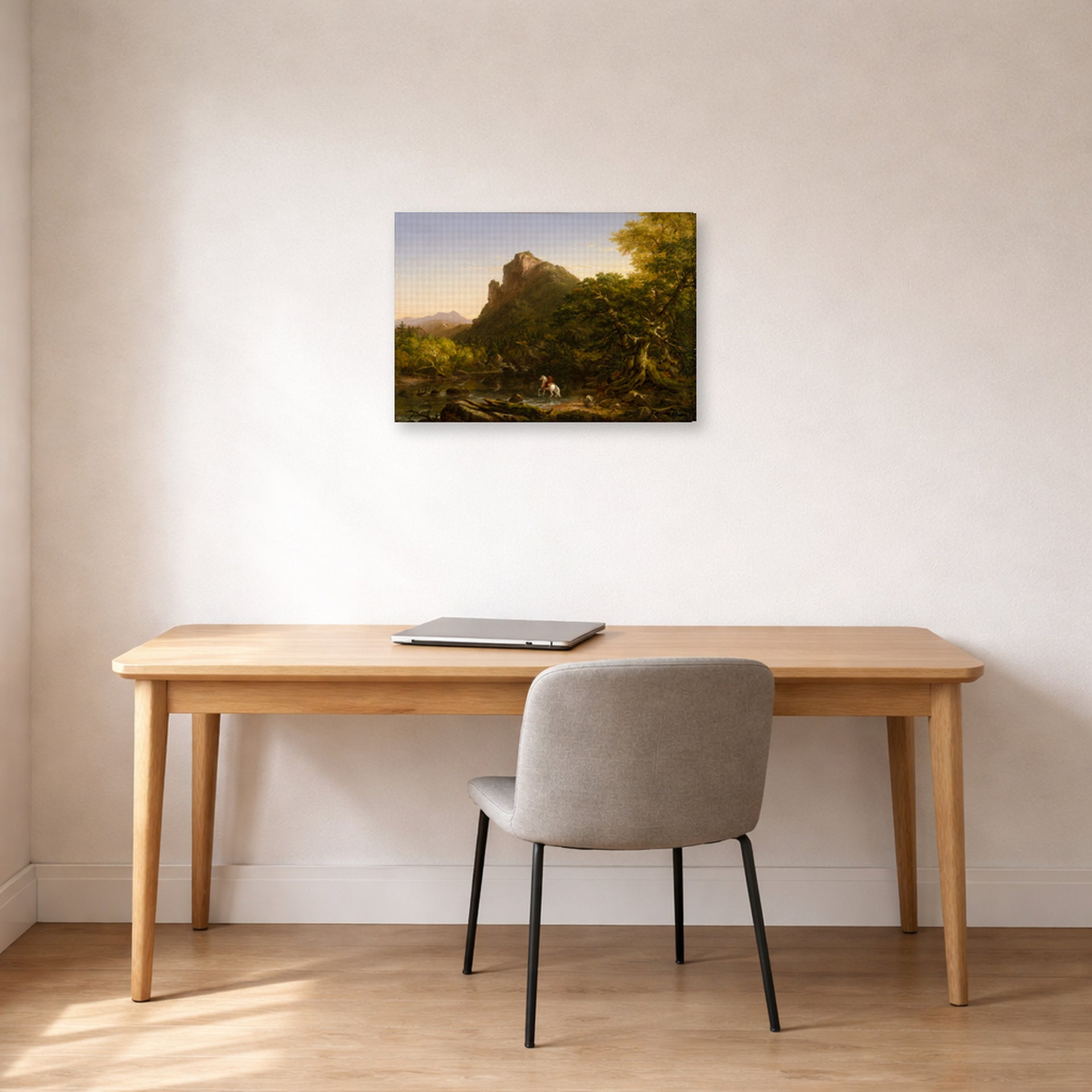 Gallery-wrapped canvas print of Thomas Cole's The Mountain Ford displayed on a wall in a office