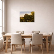 Unframed poster print of Thomas Cole's The Mountain Ford displayed on a wall in a dining room