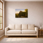Unframed poster print of Thomas Cole's The Mountain Ford displayed on a wall in a living room