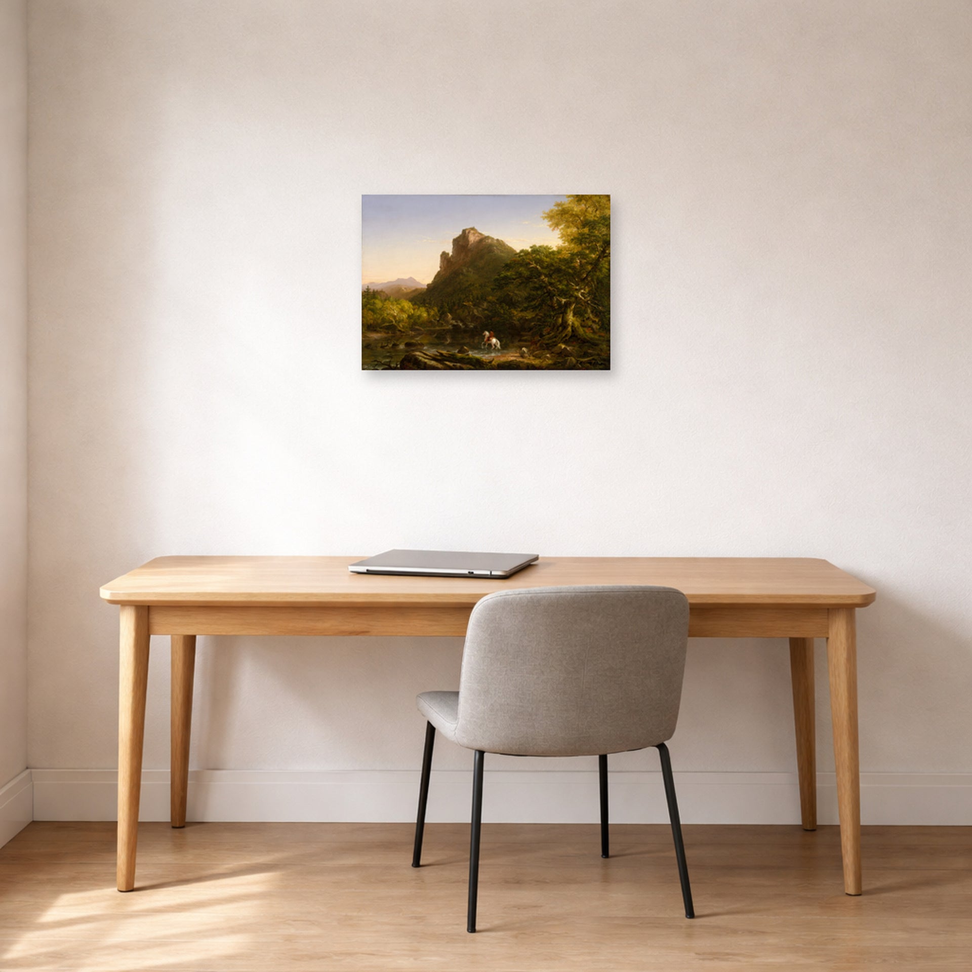 Unframed poster print of Thomas Cole's The Mountain Ford displayed on a wall in a office