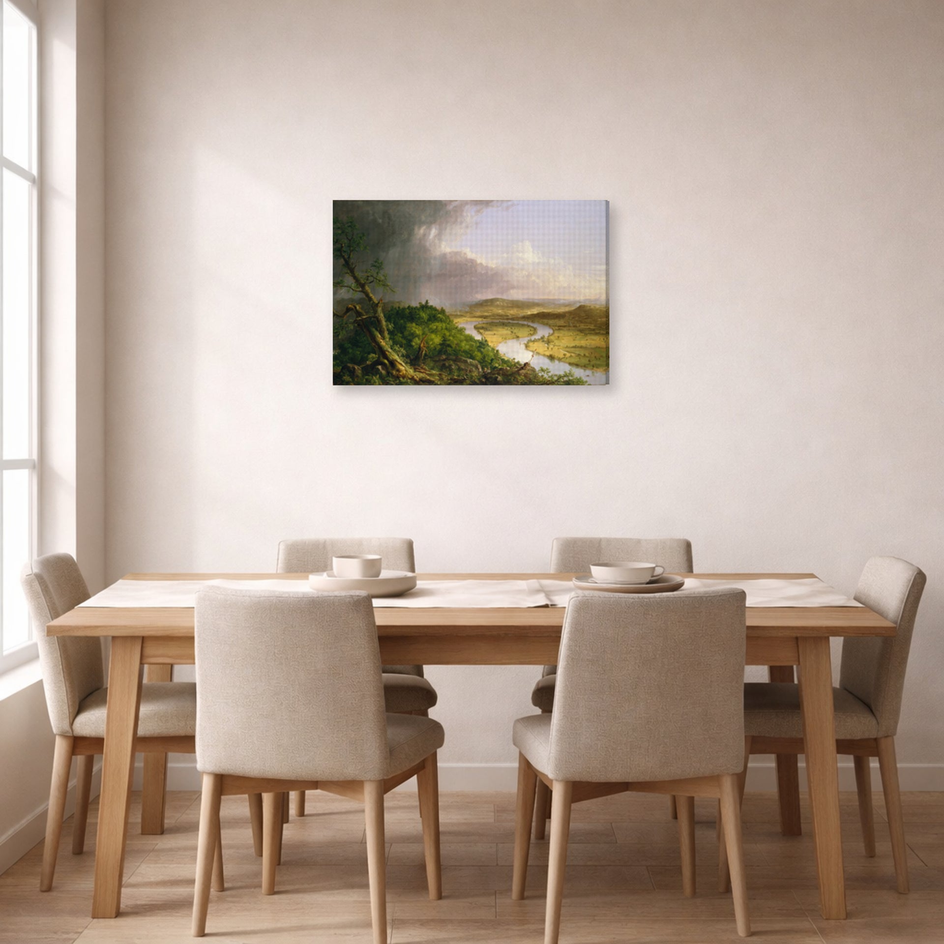 Gallery-wrapped canvas print of Thomas Cole's The Oxbow (The Connecticut River near Northampton 1836) displayed on a wall in a dining room