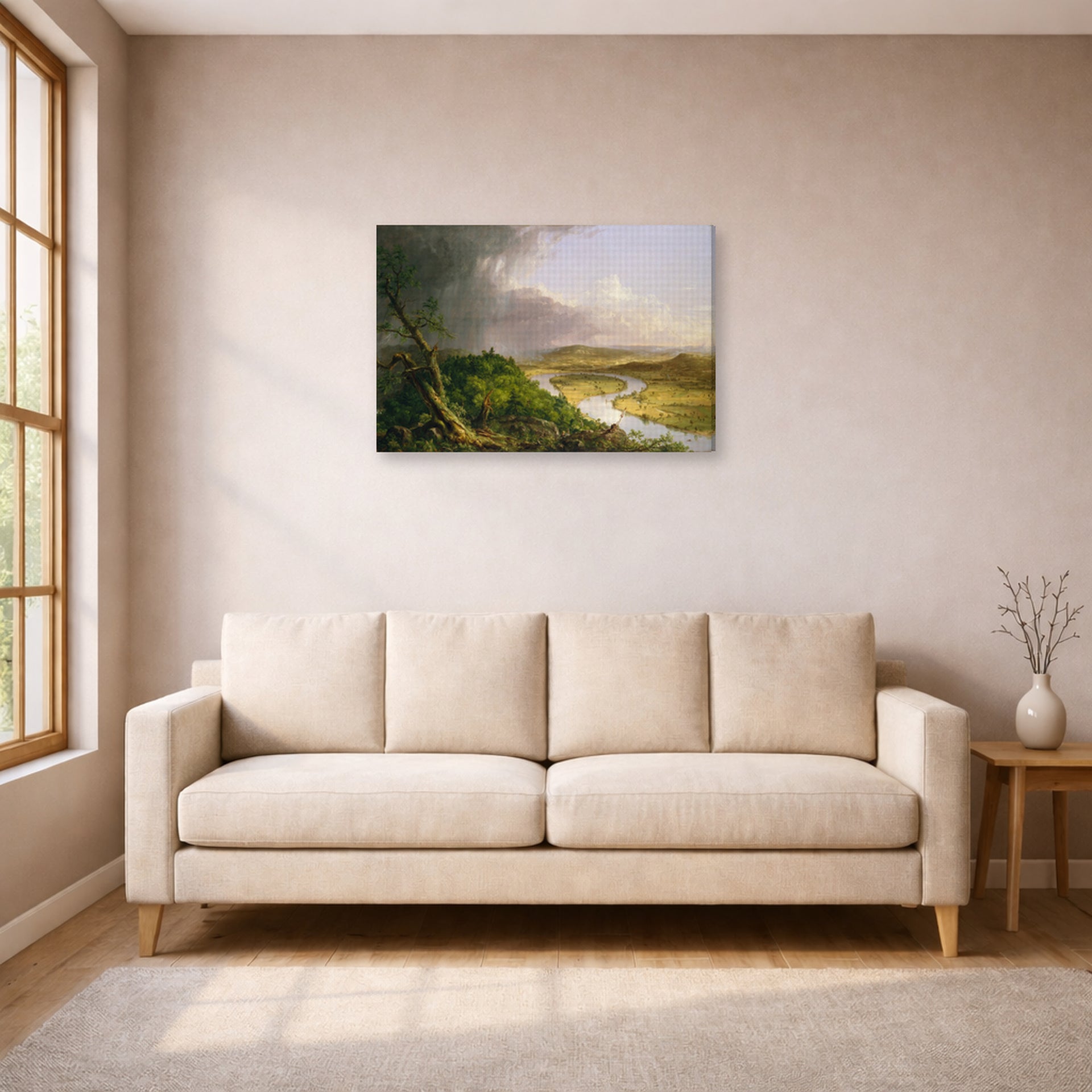 Gallery-wrapped canvas print of Thomas Cole's The Oxbow (The Connecticut River near Northampton 1836) displayed on a wall in a living room