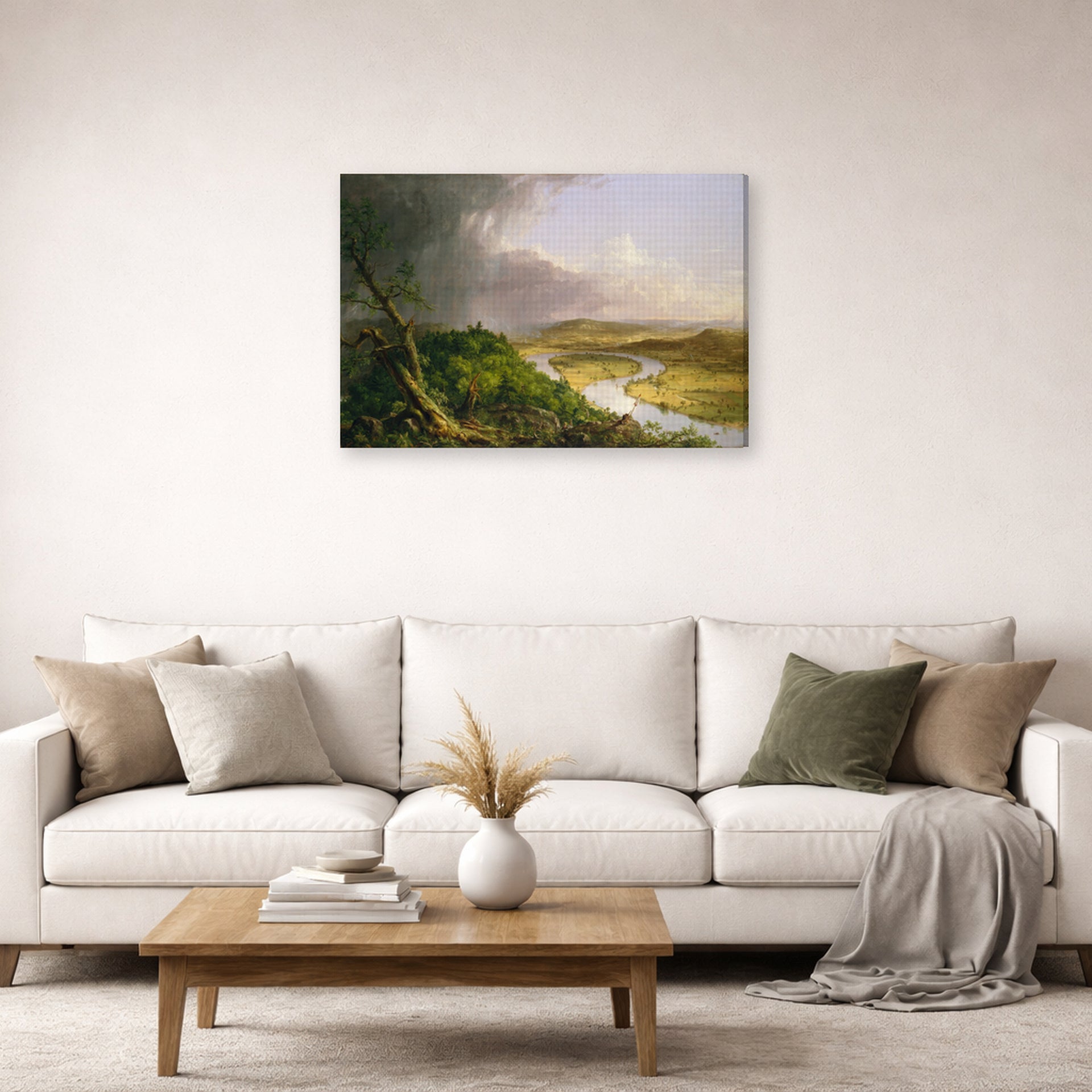 Gallery-wrapped canvas print of Thomas Cole's The Oxbow (The Connecticut River near Northampton 1836) displayed on a wall in a living room