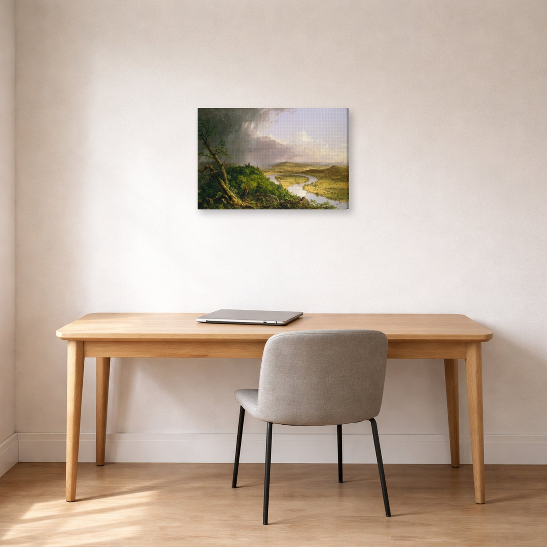 Gallery-wrapped canvas print of Thomas Cole's The Oxbow (The Connecticut River near Northampton 1836) displayed on a wall in a office