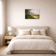 Unframed poster print of Thomas Cole's The Oxbow (The Connecticut River near Northampton 1836) displayed on a wall in a bedroom