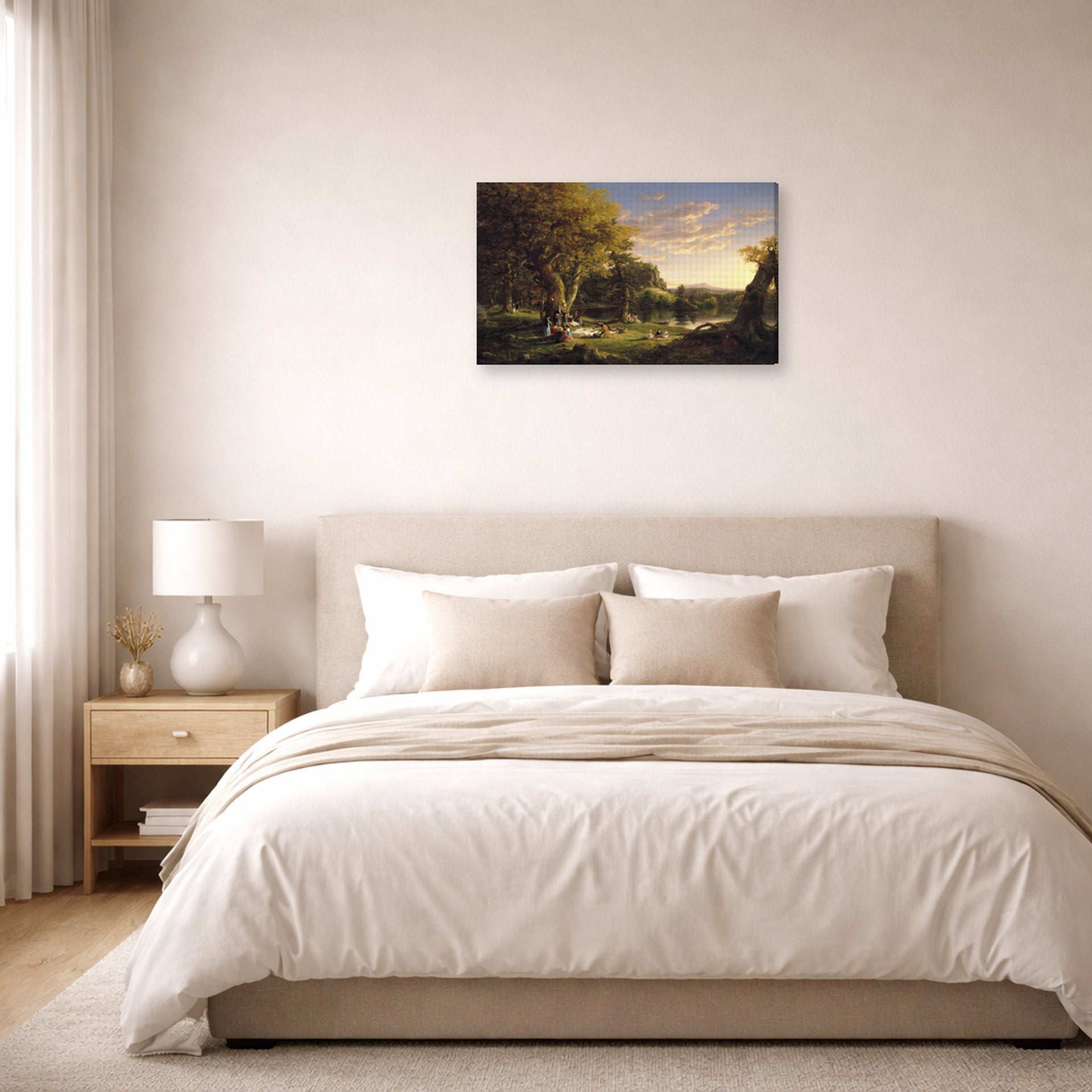 Gallery-wrapped canvas print of Thomas Cole's The Picnic displayed on a wall in a bedroom