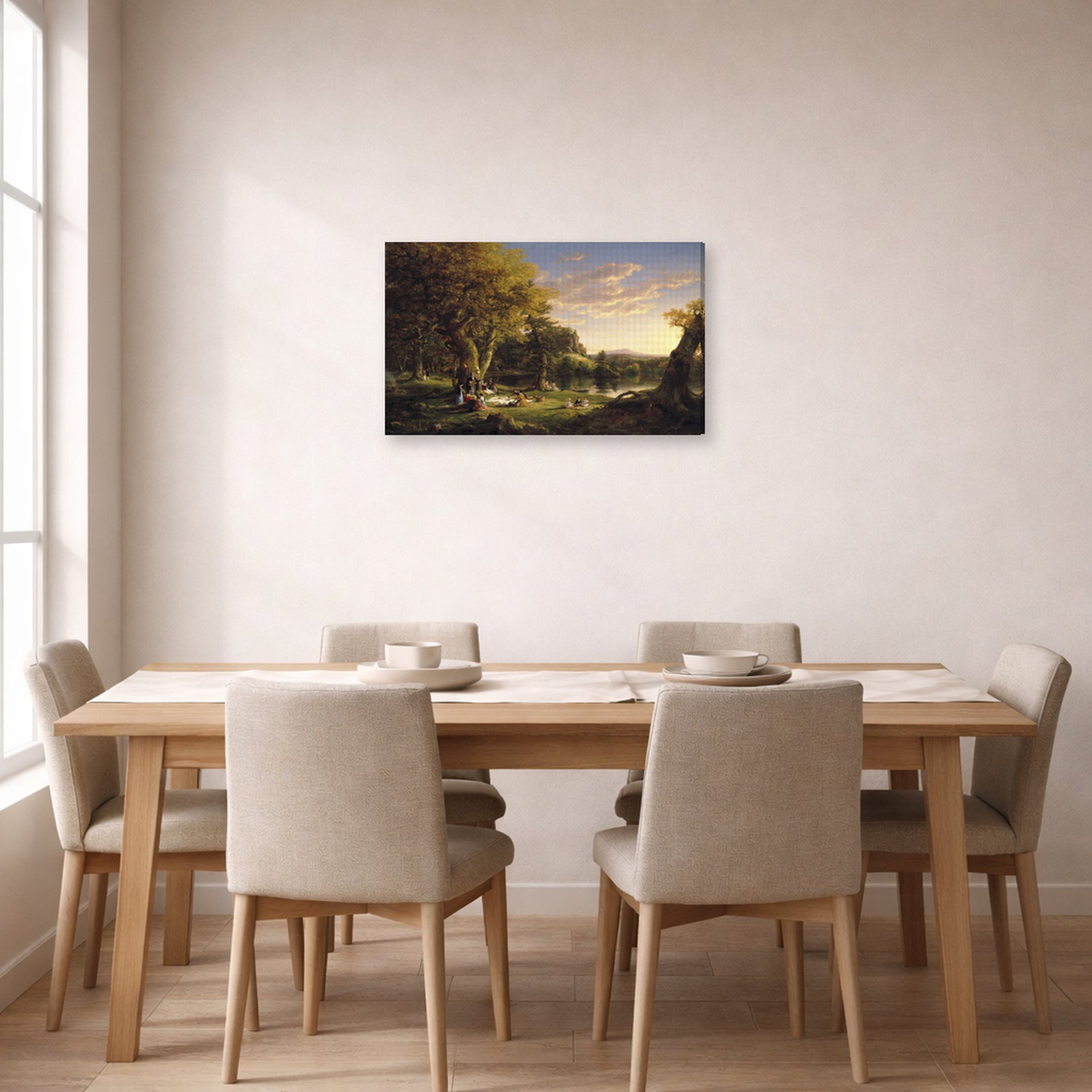 Gallery-wrapped canvas print of Thomas Cole's The Picnic displayed on a wall in a dining room