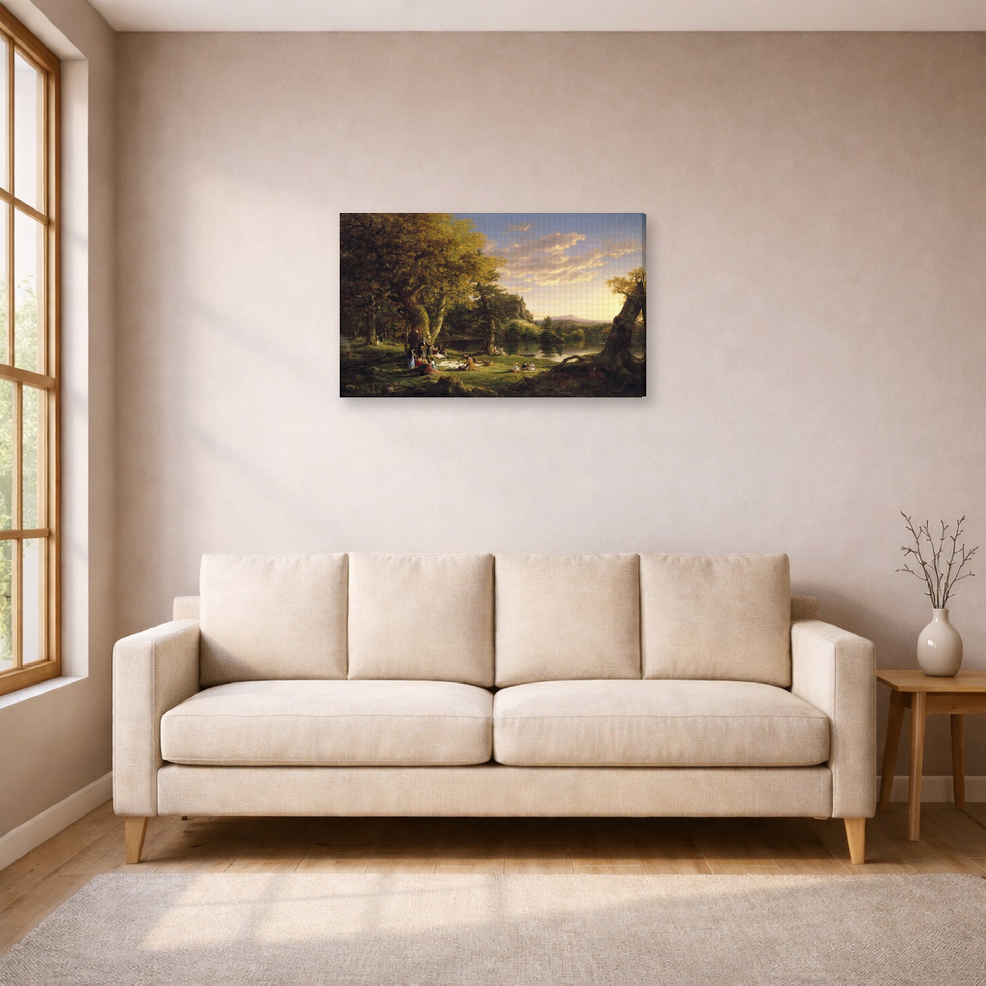 Gallery-wrapped canvas print of Thomas Cole's The Picnic displayed on a wall in a living room