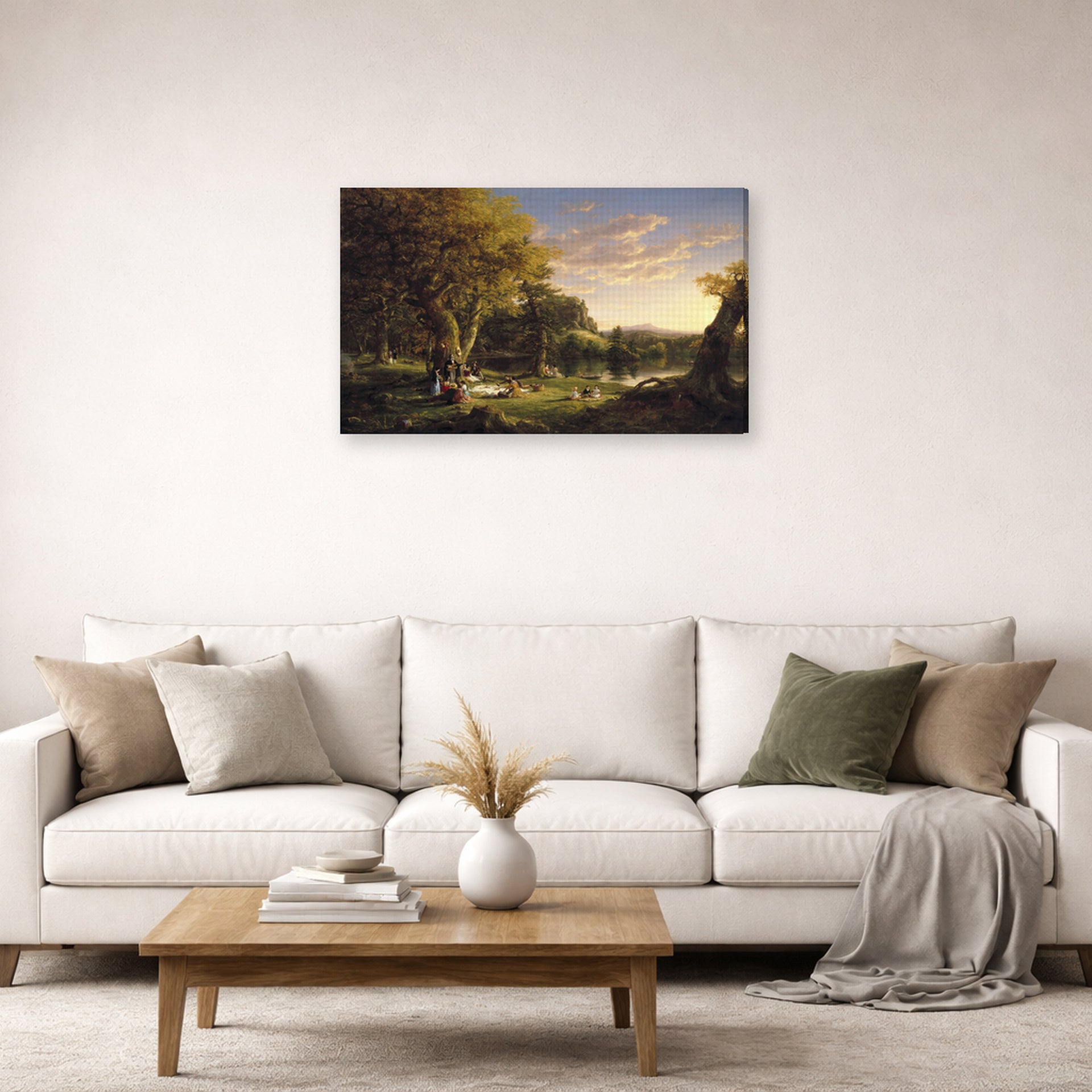 Gallery-wrapped canvas print of Thomas Cole's The Picnic displayed on a wall in a living room