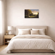 Unframed poster print of Thomas Cole's The Picnic displayed on a wall in a bedroom