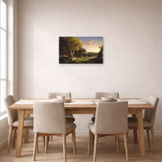 Unframed poster print of Thomas Cole's The Picnic displayed on a wall in a dining room
