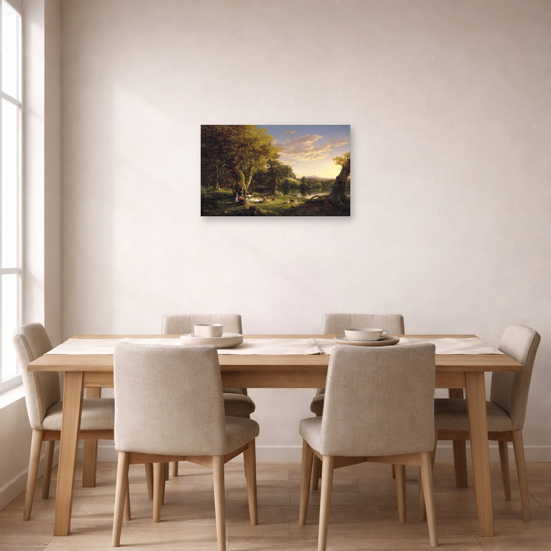 Unframed poster print of Thomas Cole's The Picnic displayed on a wall in a dining room