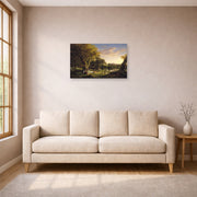 Unframed poster print of Thomas Cole's The Picnic displayed on a wall in a living room
