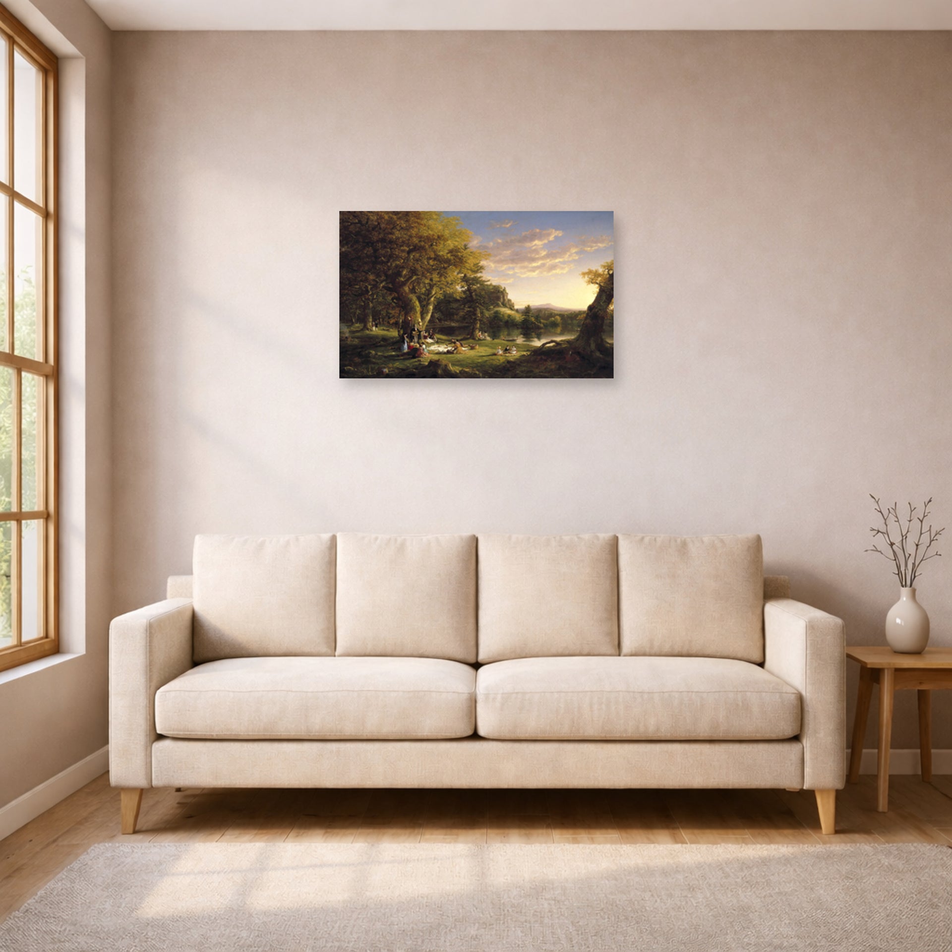Unframed poster print of Thomas Cole's The Picnic displayed on a wall in a living room