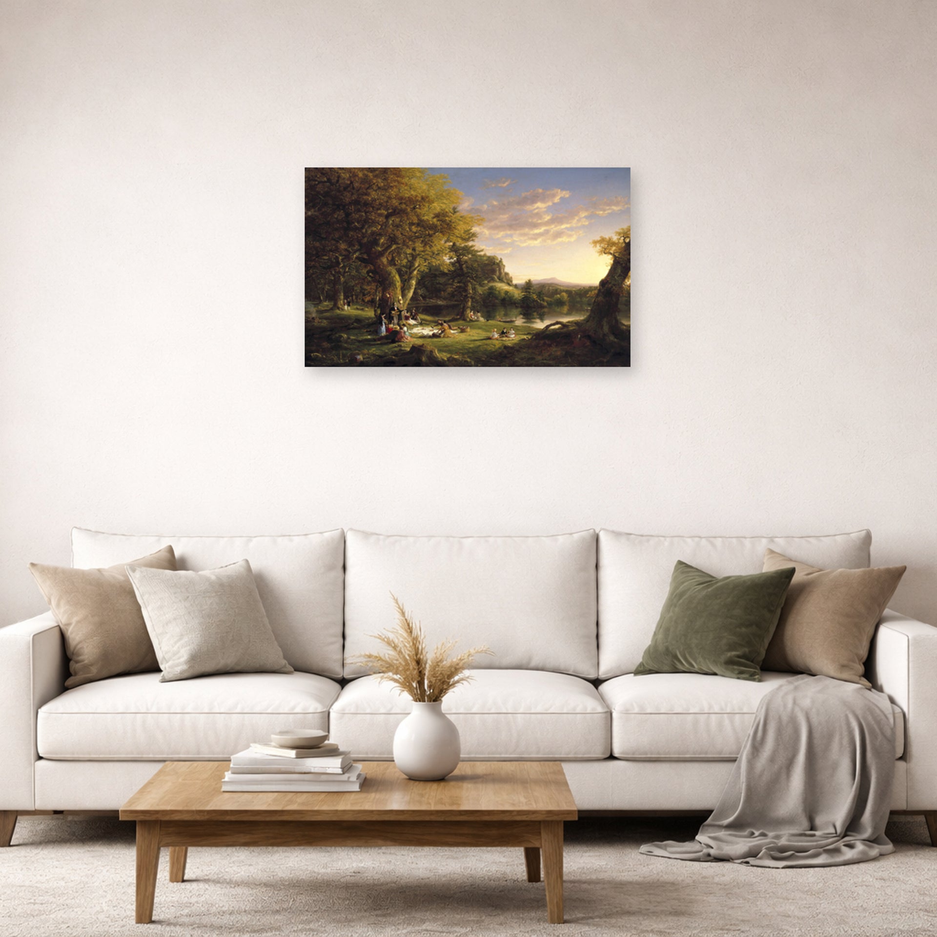 Unframed poster print of Thomas Cole's The Picnic displayed on a wall in a living room