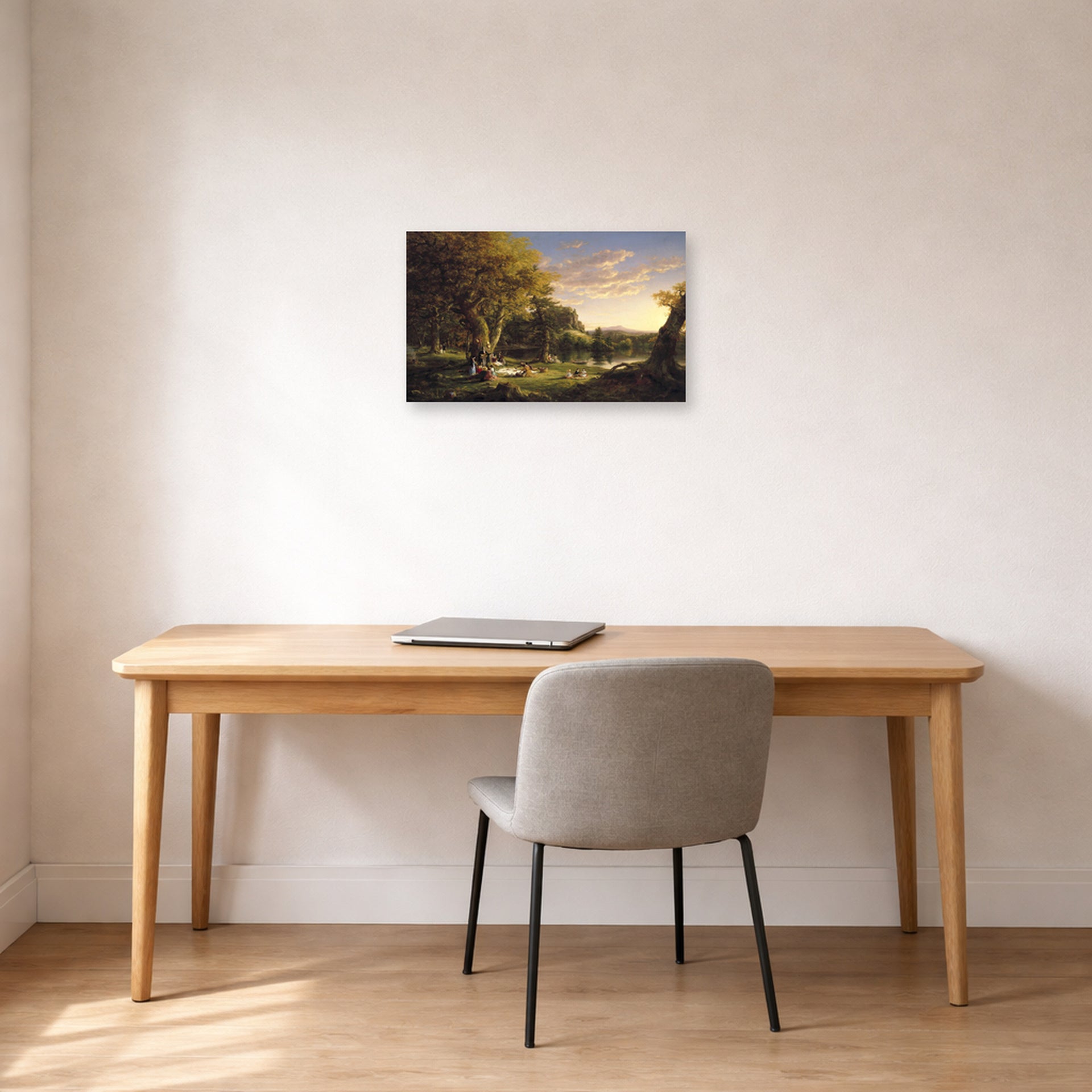 Unframed poster print of Thomas Cole's The Picnic displayed on a wall in a office