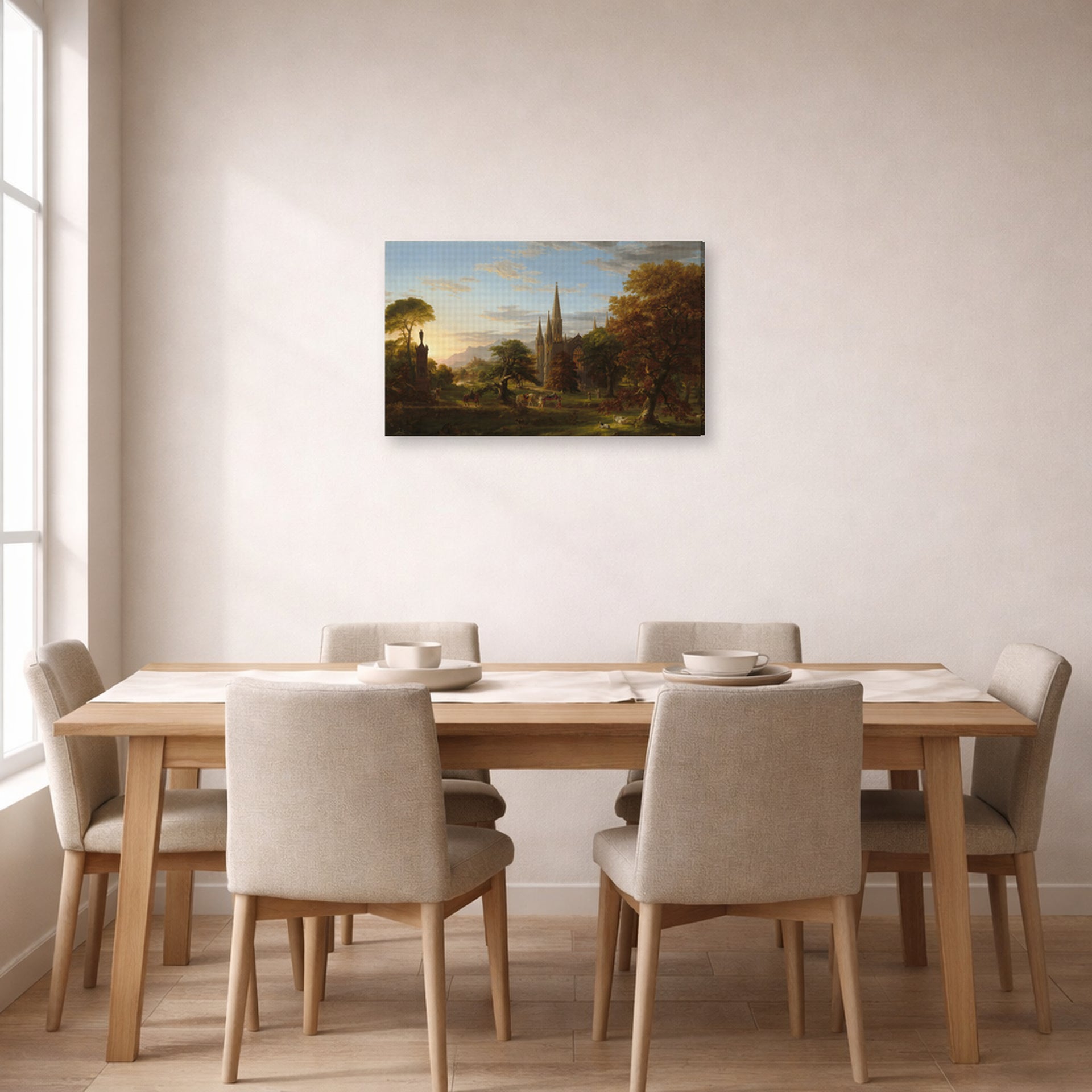 Gallery-wrapped canvas print of Thomas Cole's The Return displayed on a wall in a dining room