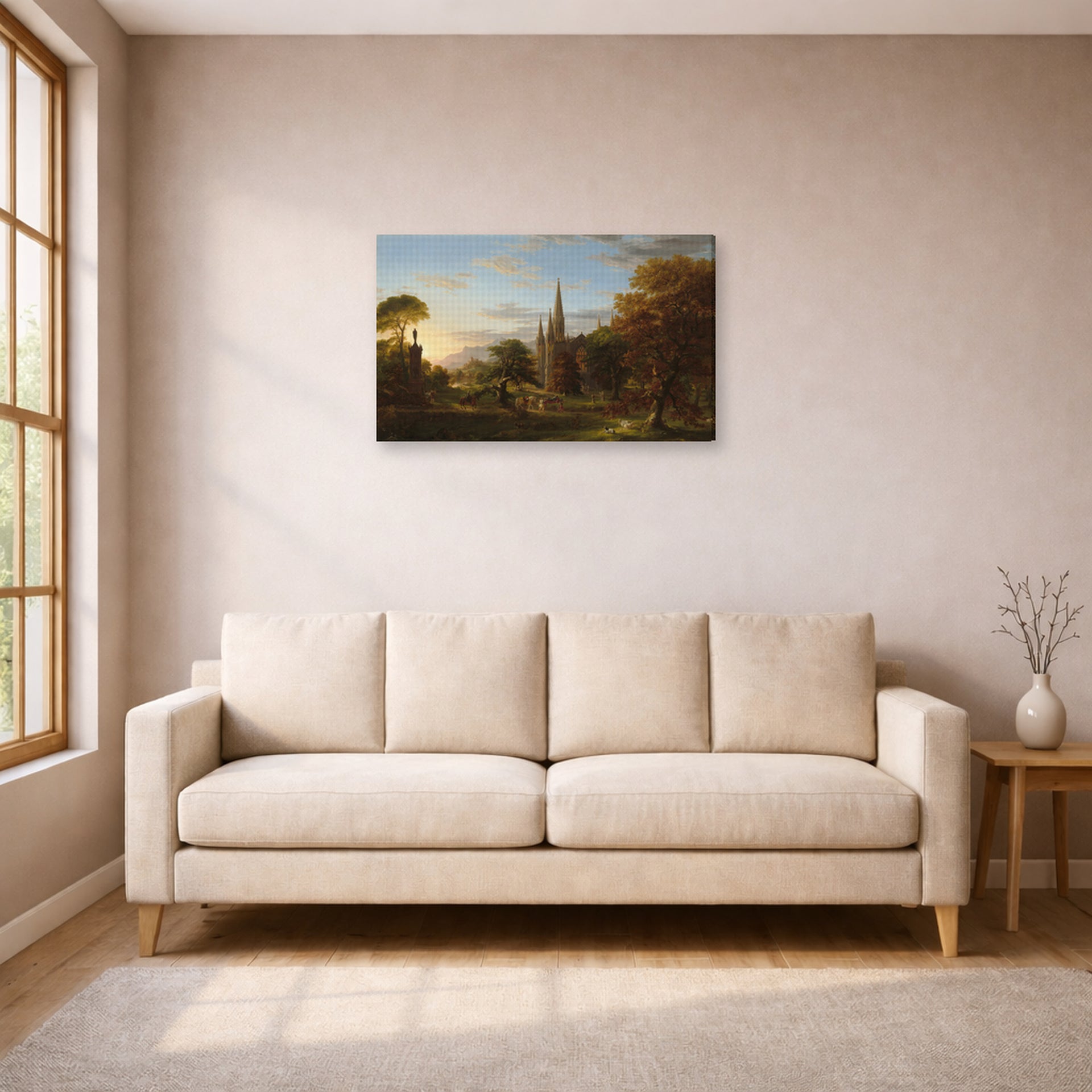 Gallery-wrapped canvas print of Thomas Cole's The Return displayed on a wall in a living room