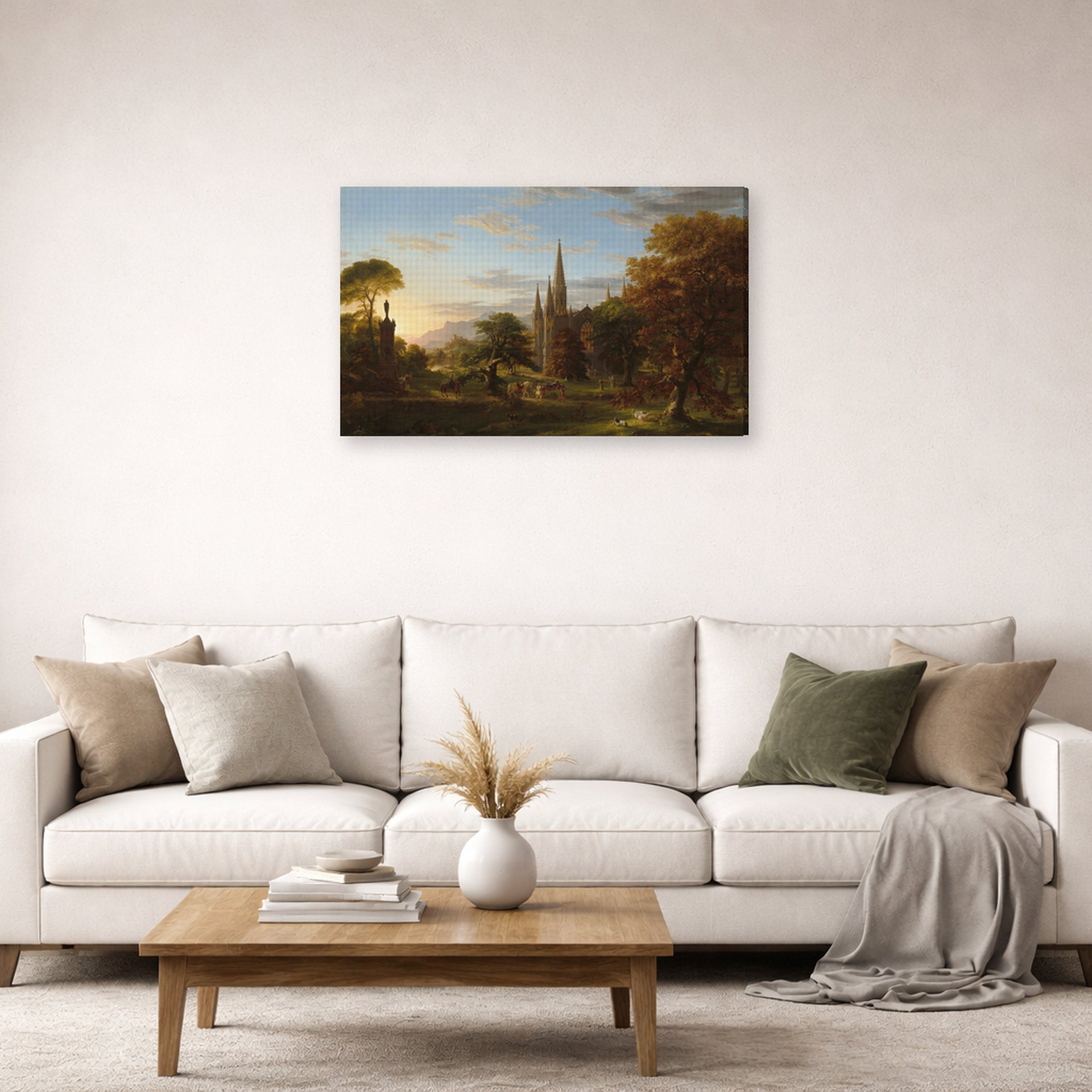 Gallery-wrapped canvas print of Thomas Cole's The Return displayed on a wall in a living room