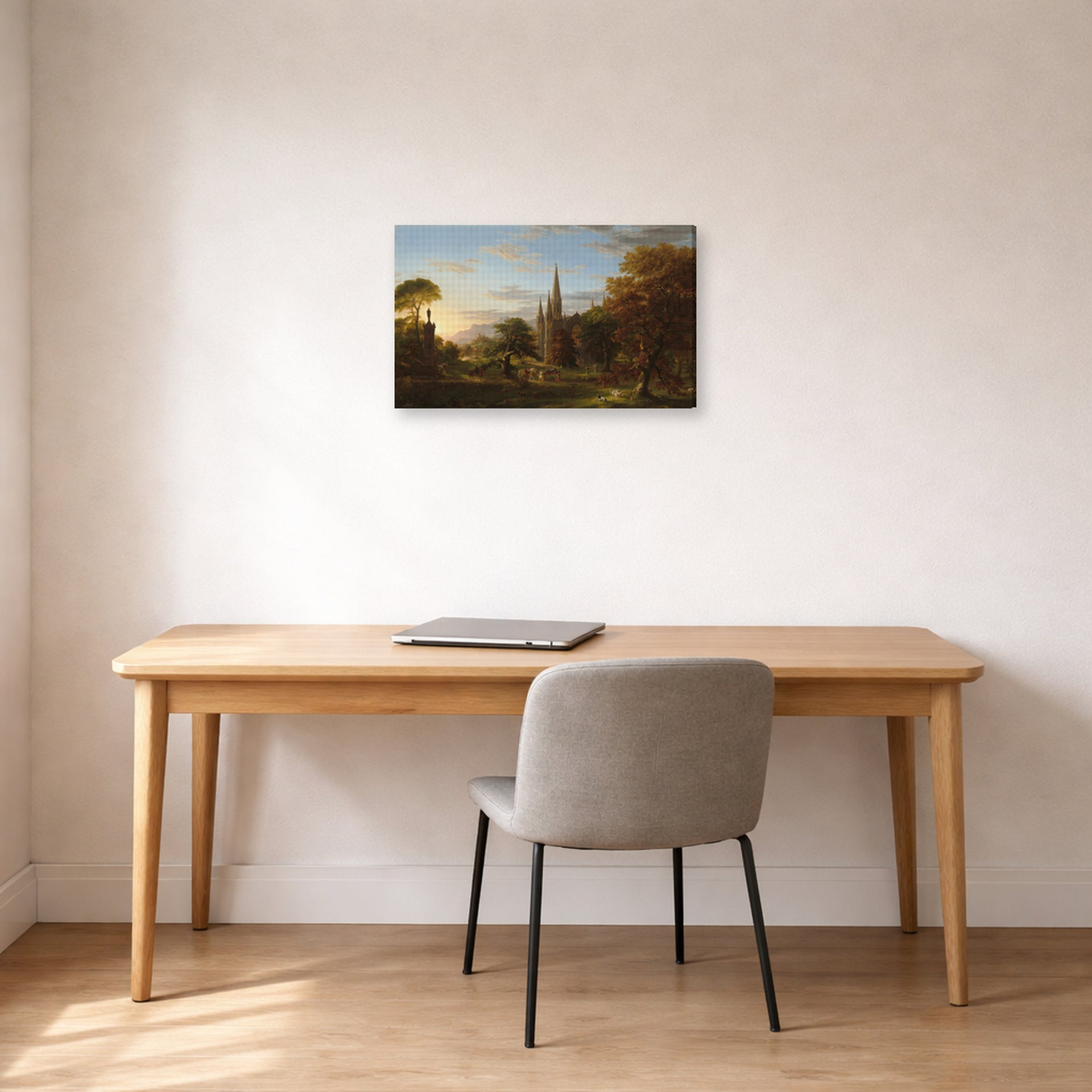 Gallery-wrapped canvas print of Thomas Cole's The Return displayed on a wall in a office
