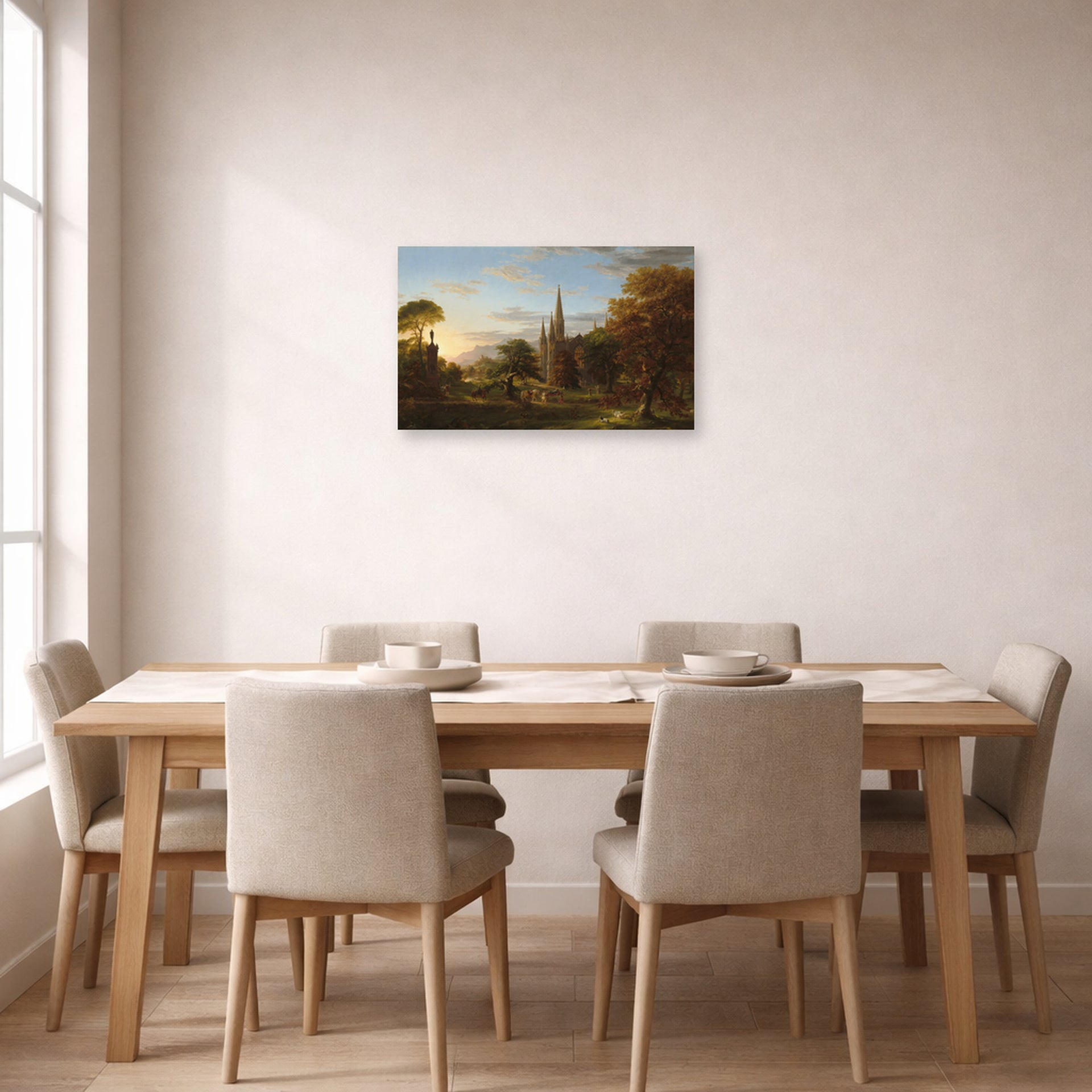 Unframed poster print of Thomas Cole's The Return displayed on a wall in a dining room