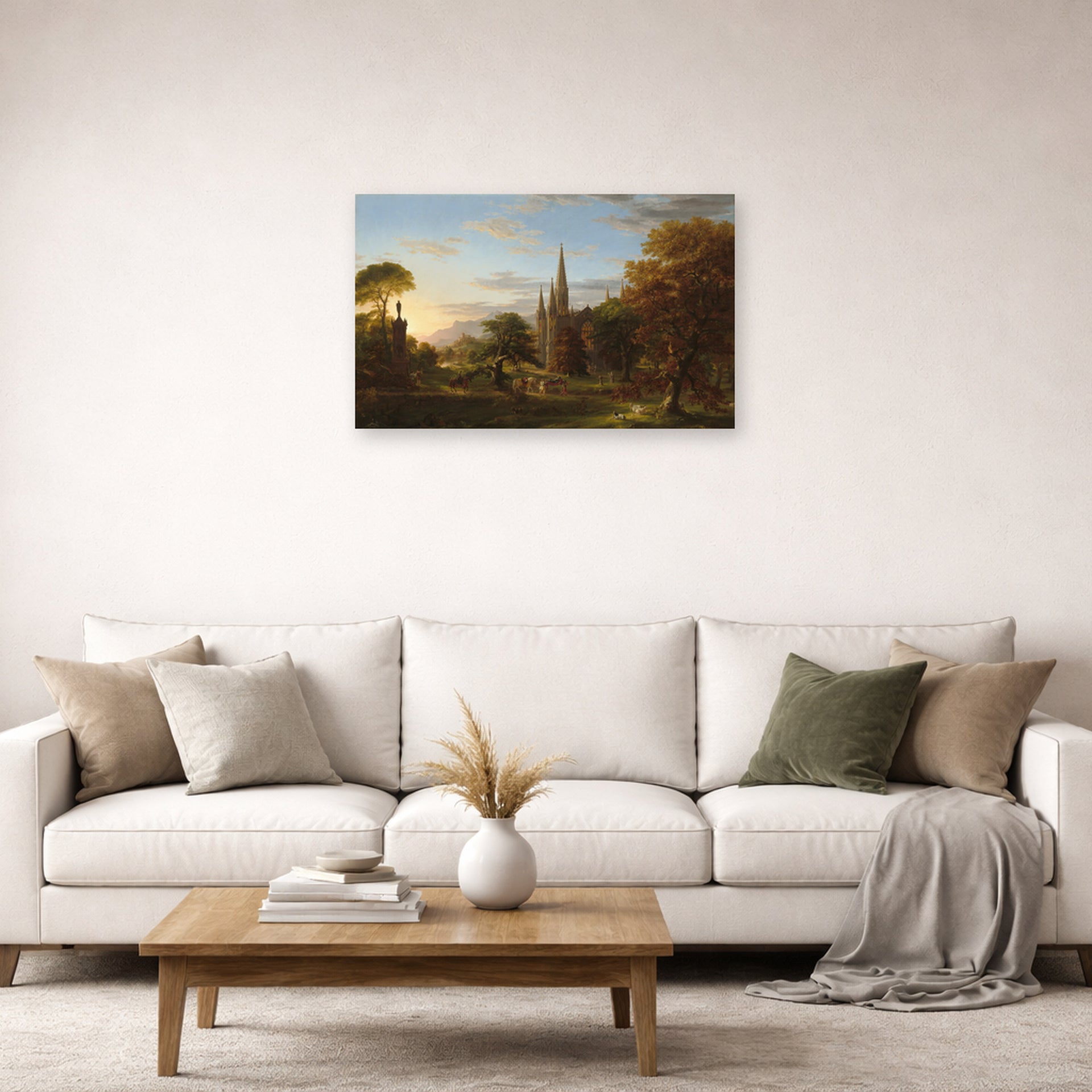 Unframed poster print of Thomas Cole's The Return displayed on a wall in a living room