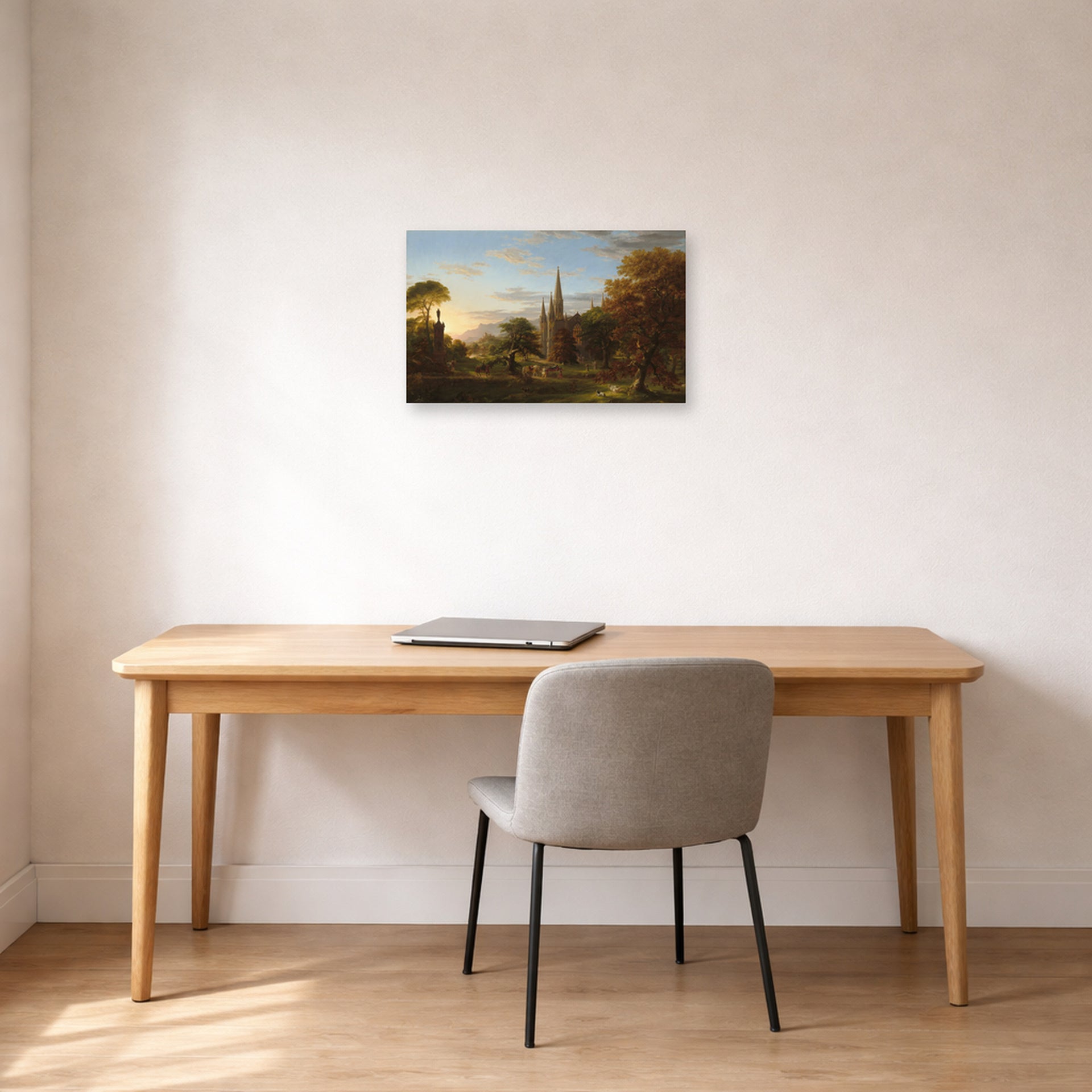 Unframed poster print of Thomas Cole's The Return displayed on a wall in a office