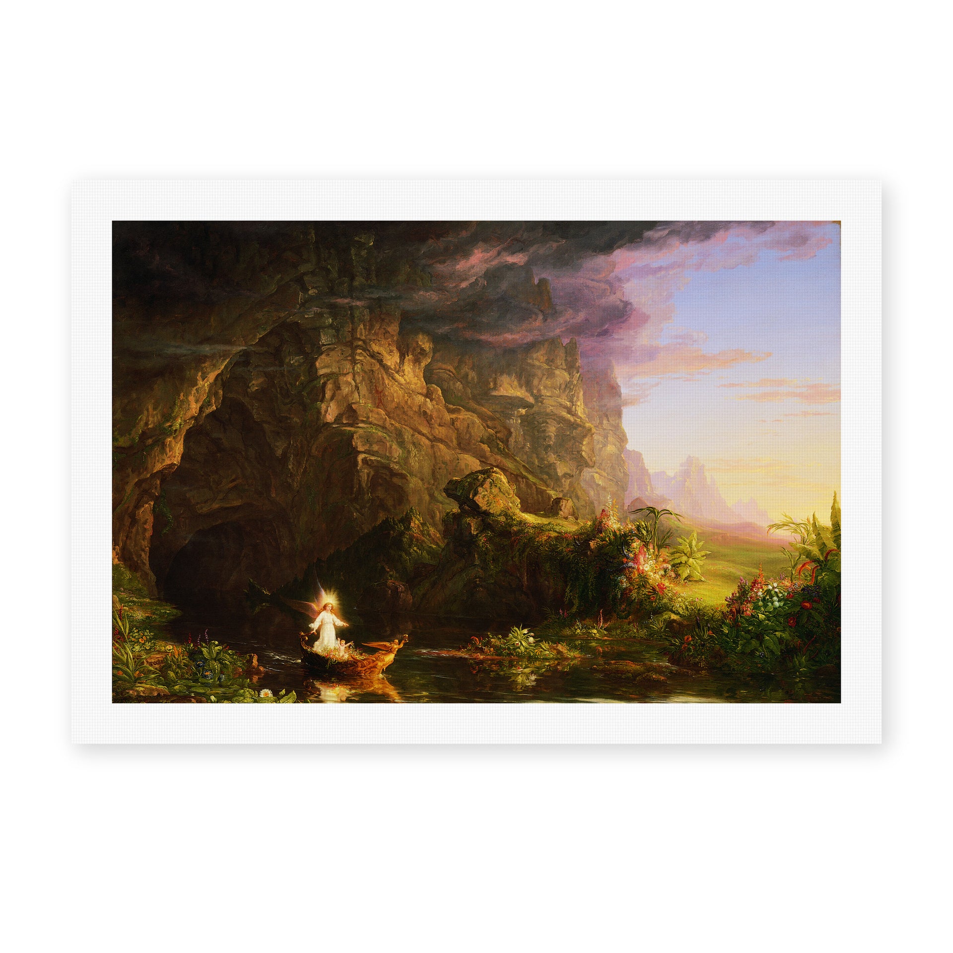 Thomas Cole's 'The Voyage of Life (Childhood)' painting reproduced as a rolled canvas print