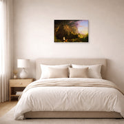 Gallery-wrapped canvas print of Thomas Cole's The Voyage of Life (Childhood) displayed on a wall in a bedroom