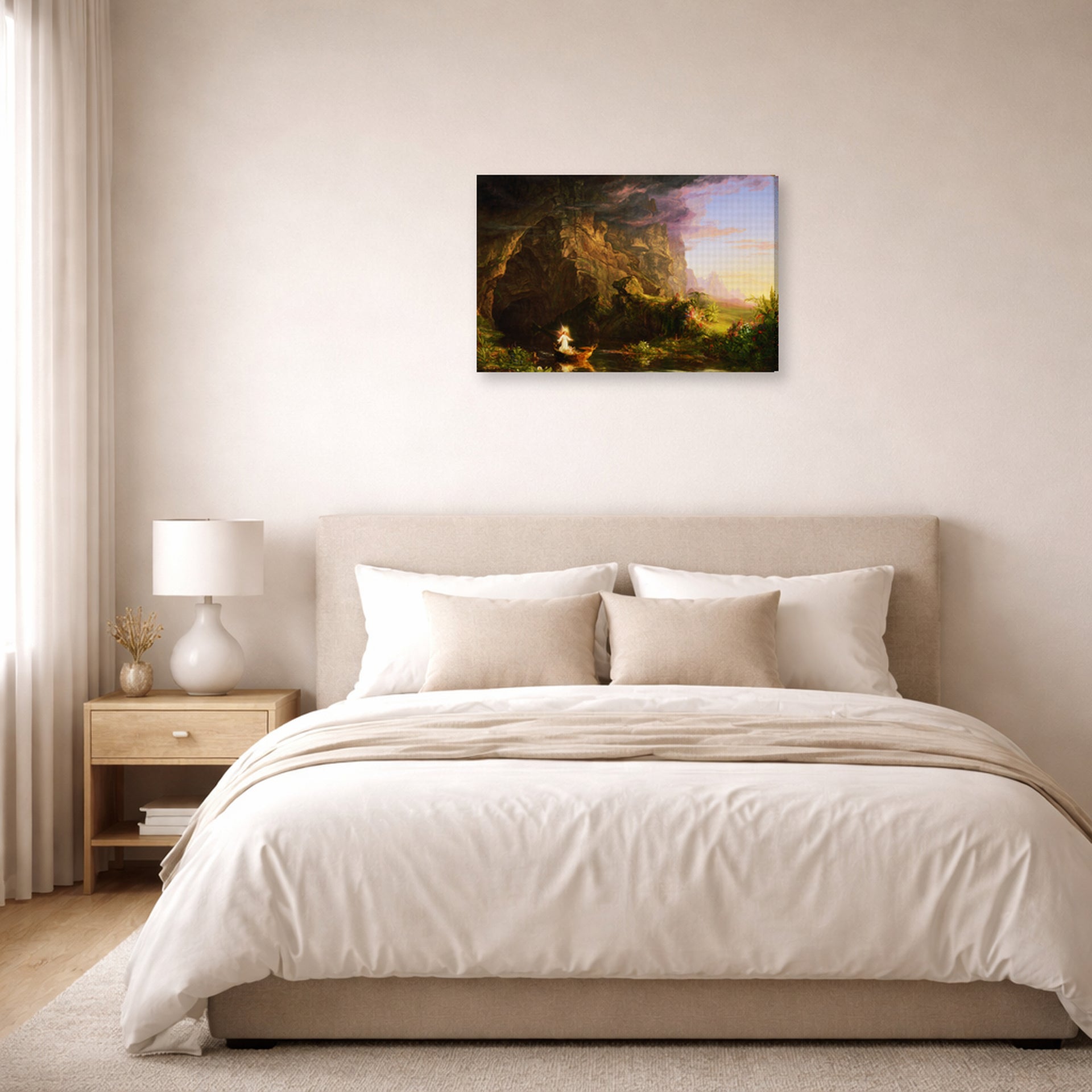 Gallery-wrapped canvas print of Thomas Cole's The Voyage of Life (Childhood) displayed on a wall in a bedroom