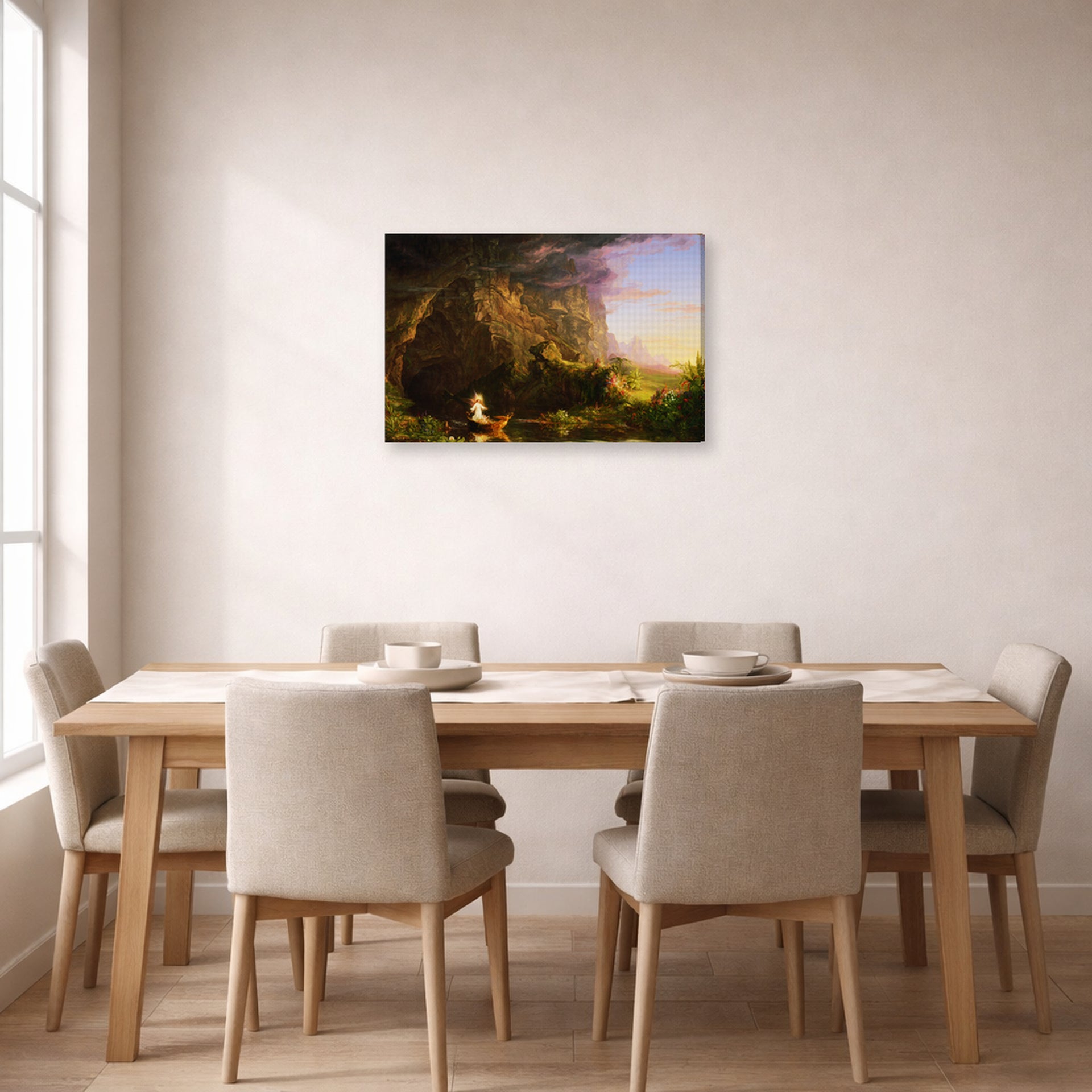 Gallery-wrapped canvas print of Thomas Cole's The Voyage of Life (Childhood) displayed on a wall in a dining room