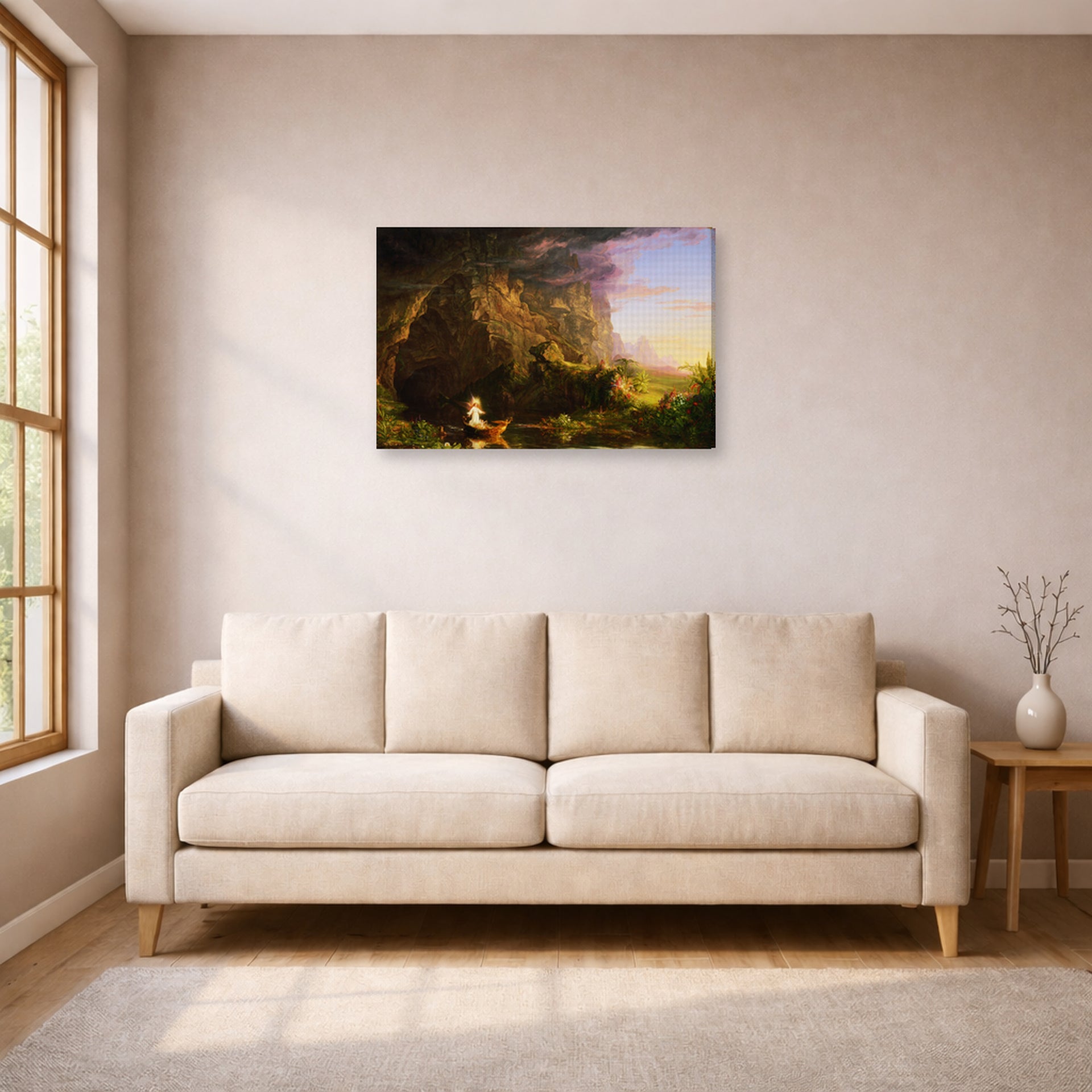 Gallery-wrapped canvas print of Thomas Cole's The Voyage of Life (Childhood) displayed on a wall in a living room