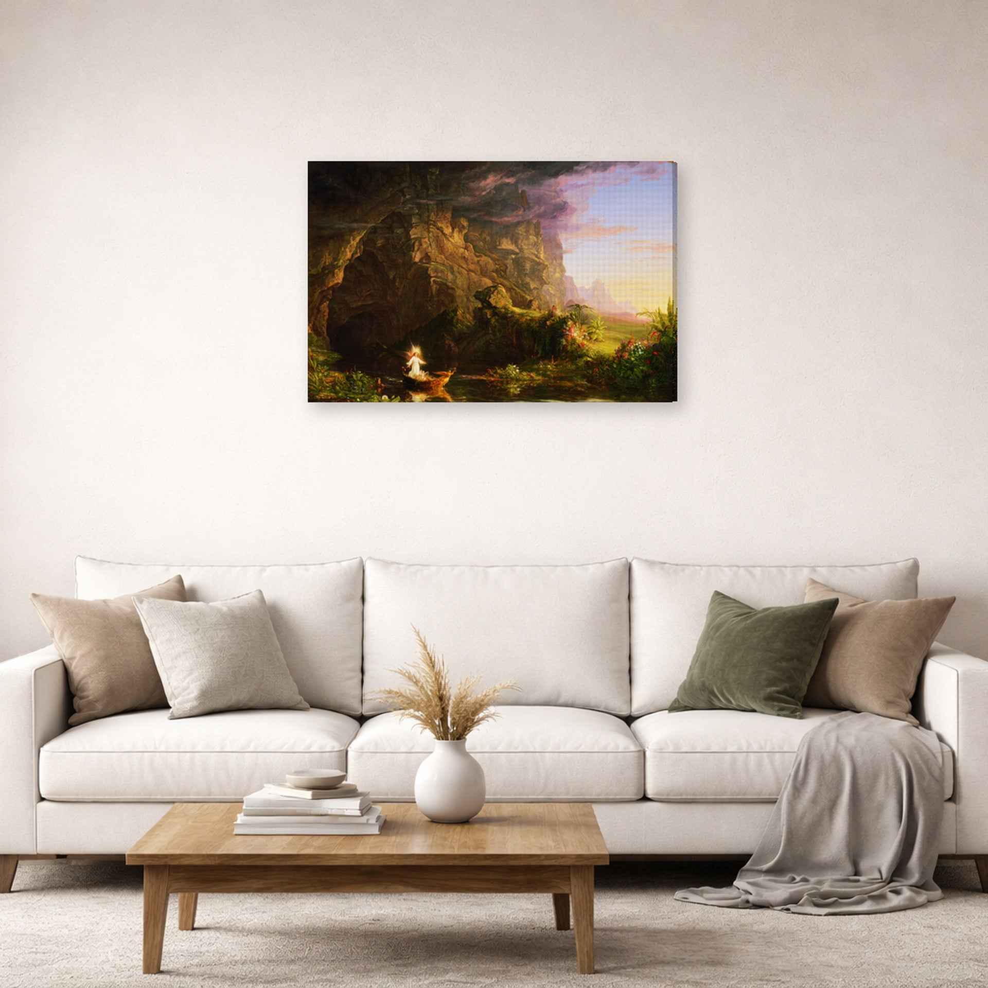 Gallery-wrapped canvas print of Thomas Cole's The Voyage of Life (Childhood) displayed on a wall in a living room
