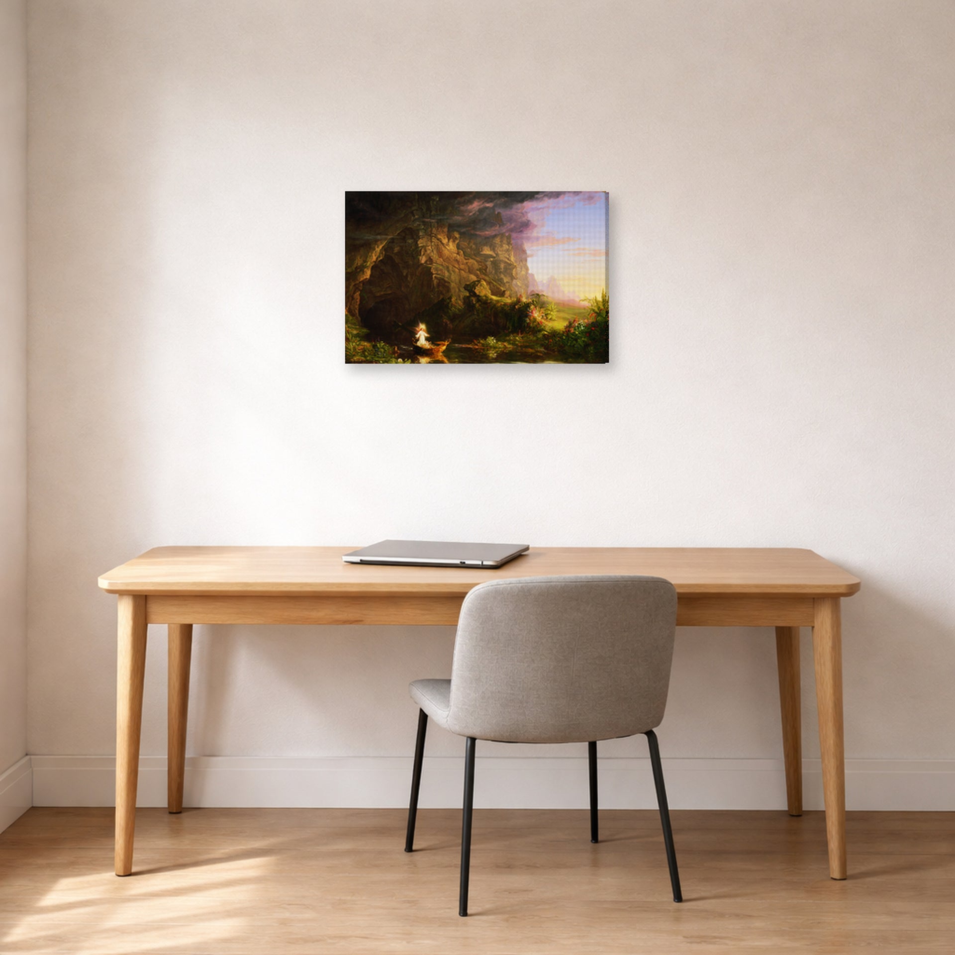 Gallery-wrapped canvas print of Thomas Cole's The Voyage of Life (Childhood) displayed on a wall in a office
