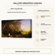 Thomas Cole - The Voyage of Life (Childhood) gallery wrap canvas construction and hanging details infographic