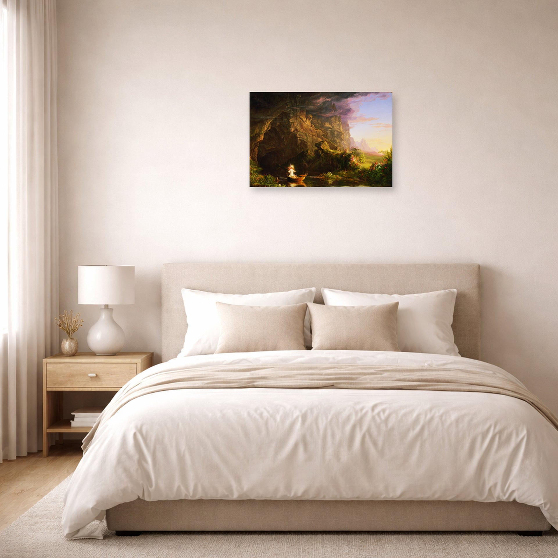 Unframed poster print of Thomas Cole's The Voyage of Life (Childhood) displayed on a wall in a bedroom