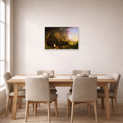 Unframed poster print of Thomas Cole's The Voyage of Life (Childhood) displayed on a wall in a dining room