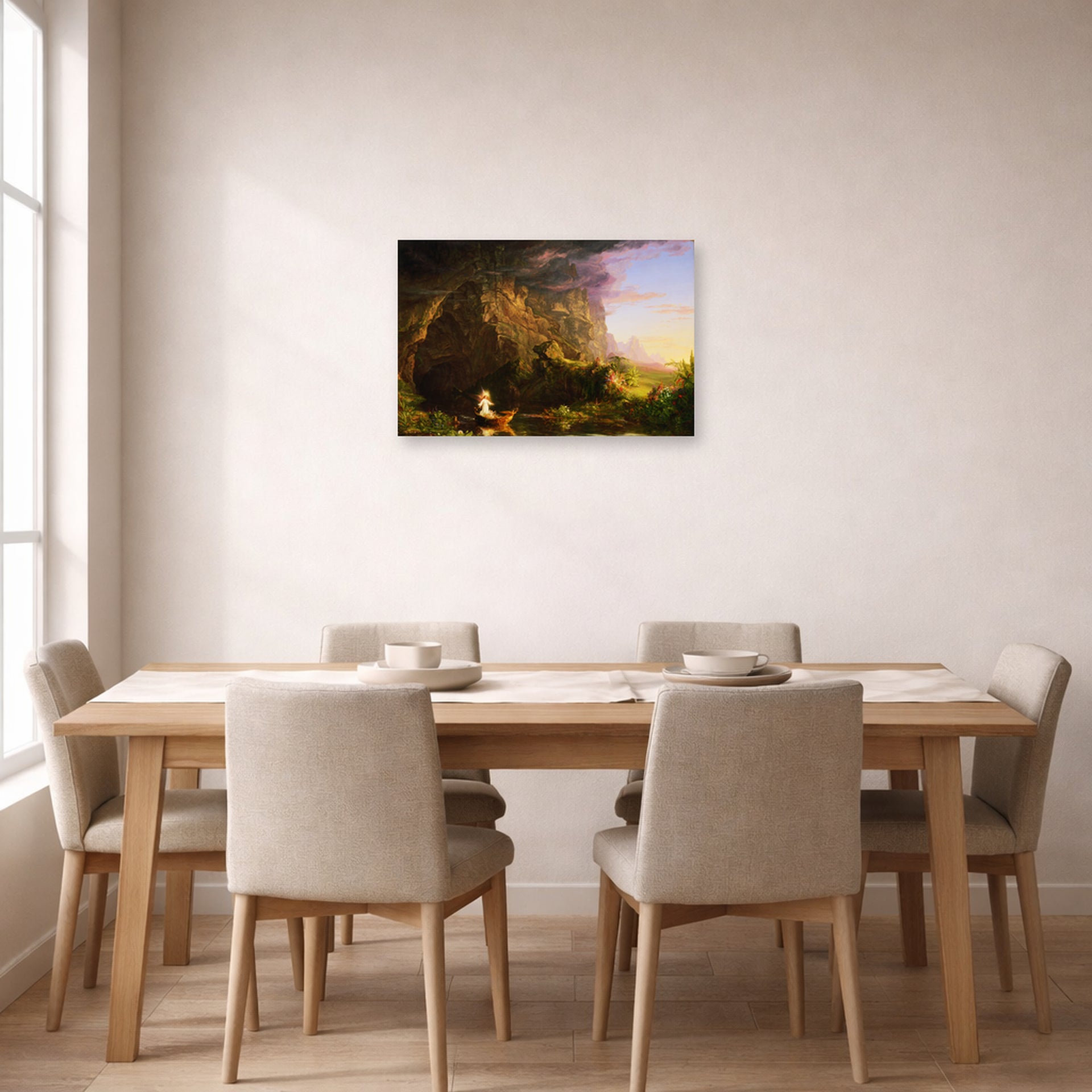 Unframed poster print of Thomas Cole's The Voyage of Life (Childhood) displayed on a wall in a dining room