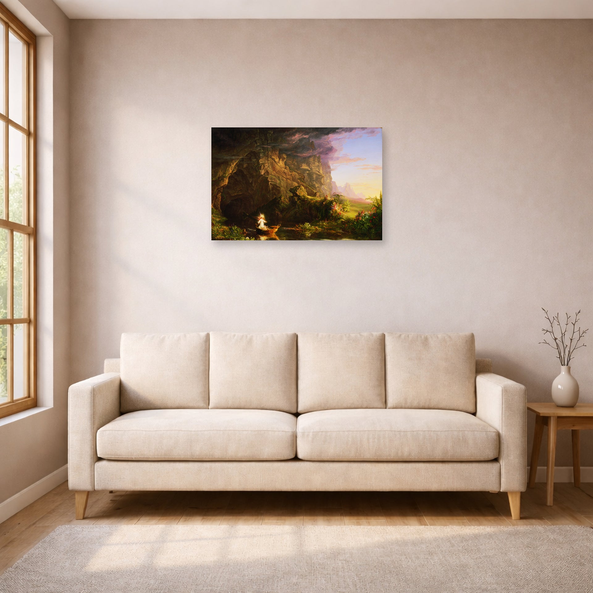 Unframed poster print of Thomas Cole's The Voyage of Life (Childhood) displayed on a wall in a living room